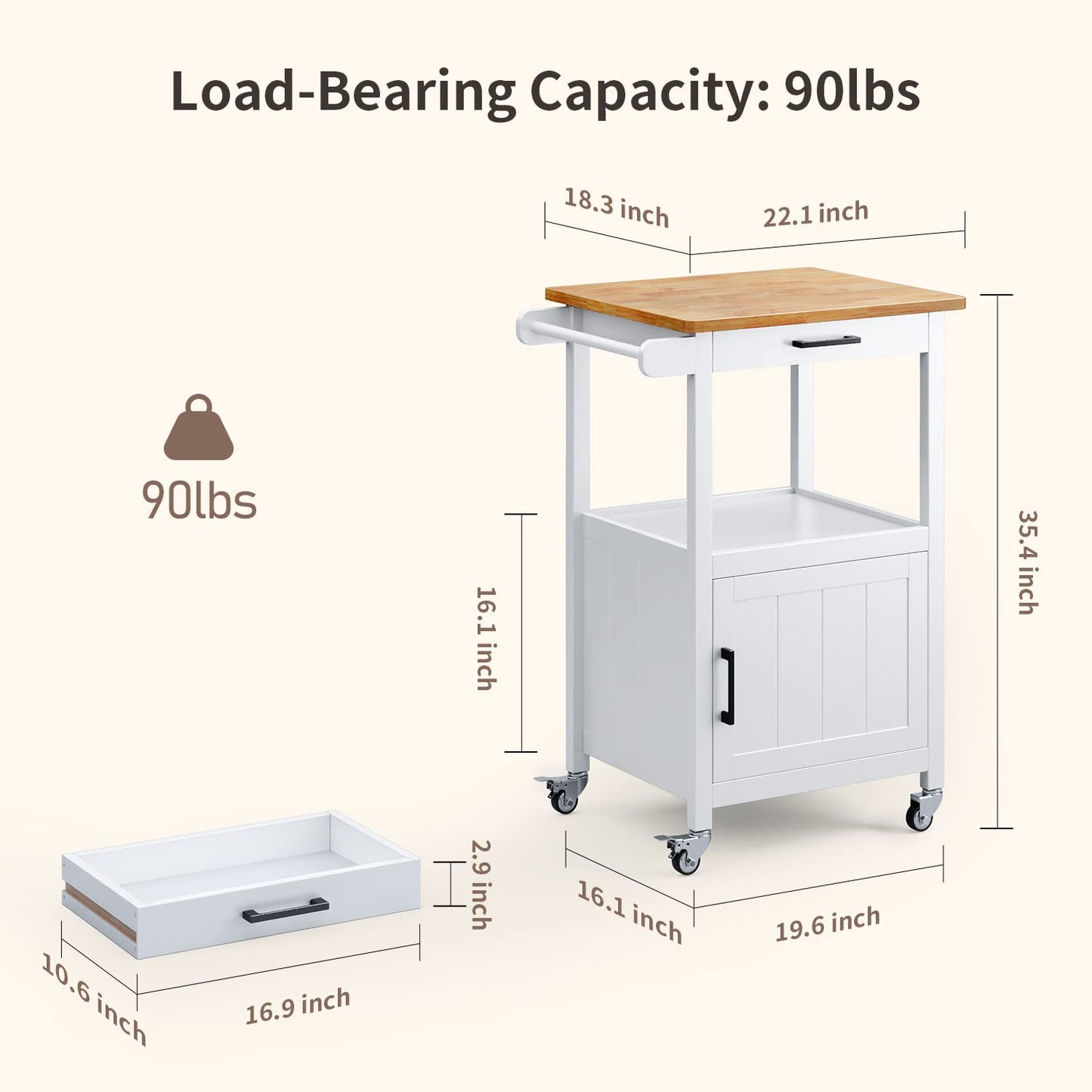 Qsun Kitchen Cart with Drawer, Small Kitchen Island on Wheels, Microwave Cart, Small Home Coffee Bar, Microwave Stand, Rolling Kitchen Island Cart with Side Hook, White