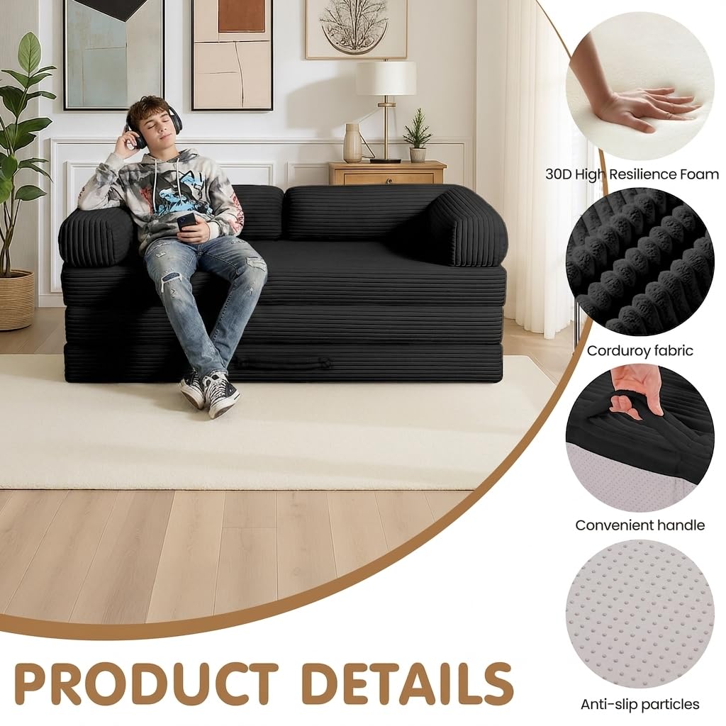 Convertible Sofa Bed Queen,5-in-1 Tri-Fold Boneless Couch with Removable Armrests & Handle,Corduroy Futon Sleeper Sofa,Floor Folding Mattress Pull Out Bed for Small Space Living Room Bedroom,Black