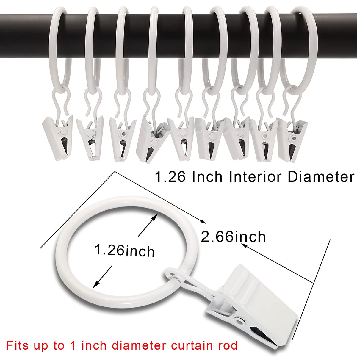 AMZSEVEN 40 Pack Metal Curtain Rings with Clips, 1.26 in ID, White