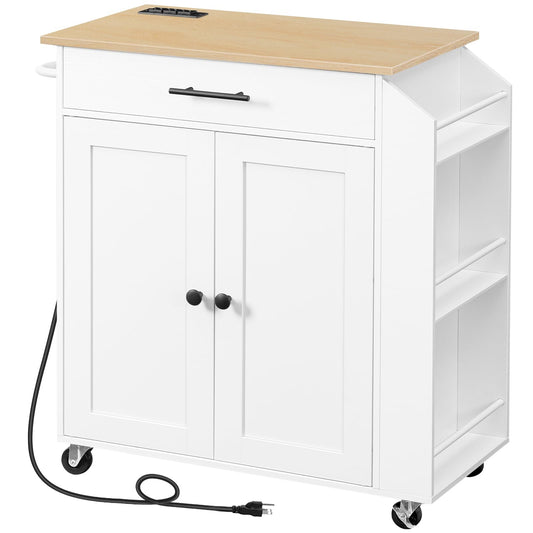 HOOBRO Kitchen Island with Power Outlet, Kitchen Storage Island with Spice Rack and Drawer, Rolling Kitchen on Wheels, for Home, Dining Room, Natural and White WN82UZD01G1