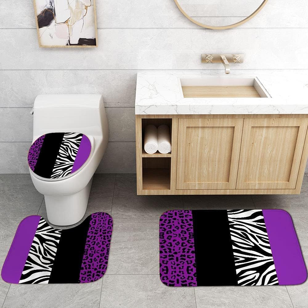 jieprom 4PCS Leopard Print Shower Curtain Set with Rug, Toilet Lid Cover and Bath Mat, Purple Black Splice Shower Curtain with 12 Hooks, Shower Curtain for Bathroom Decor Set