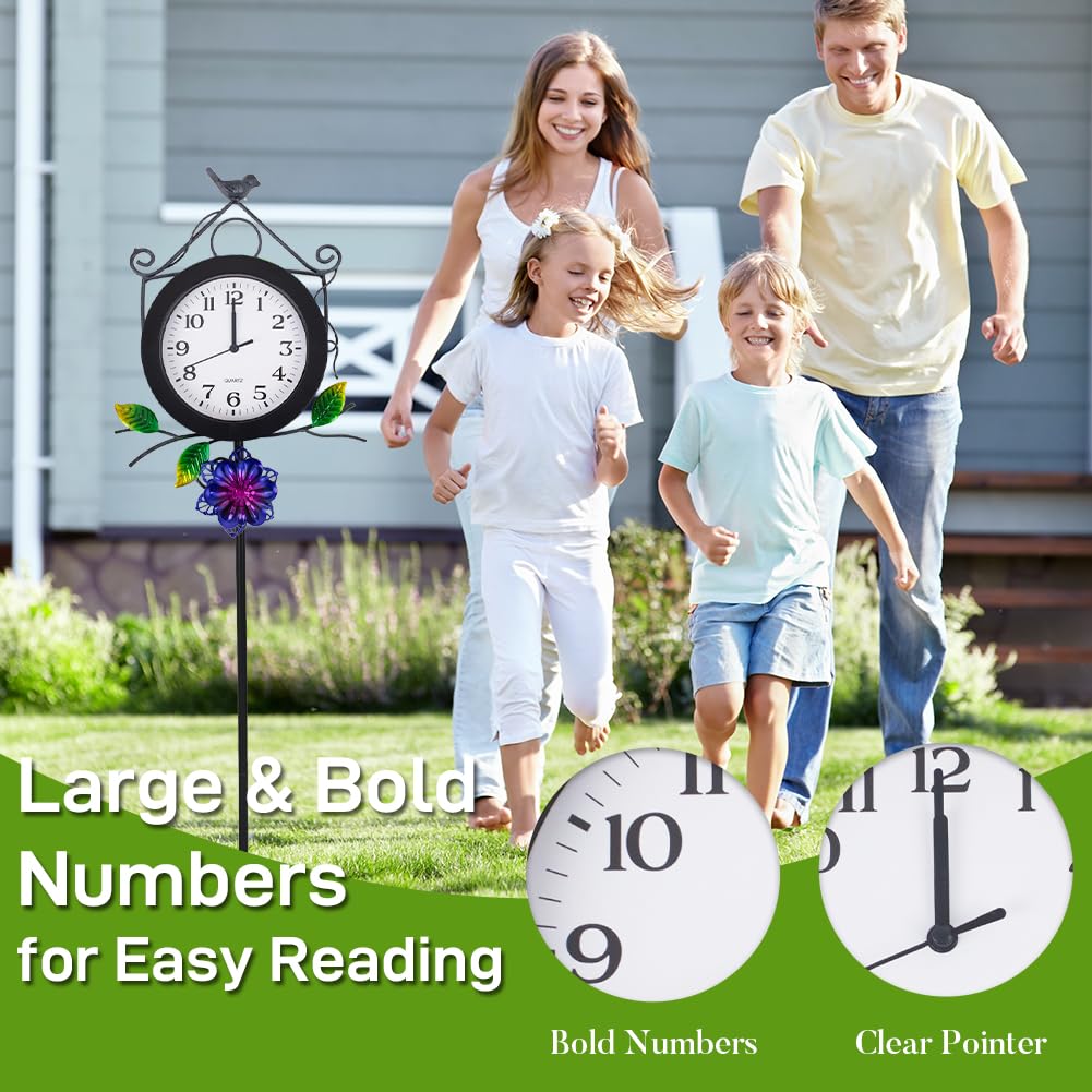 STANKGARDEN Outdoor Clock with Garden Stake, Flower Birdhouse Outdoor Wall Clock Waterproof, Silent No-Ticking Outdoor Clocks for Garden, Patio, Yard, Fence