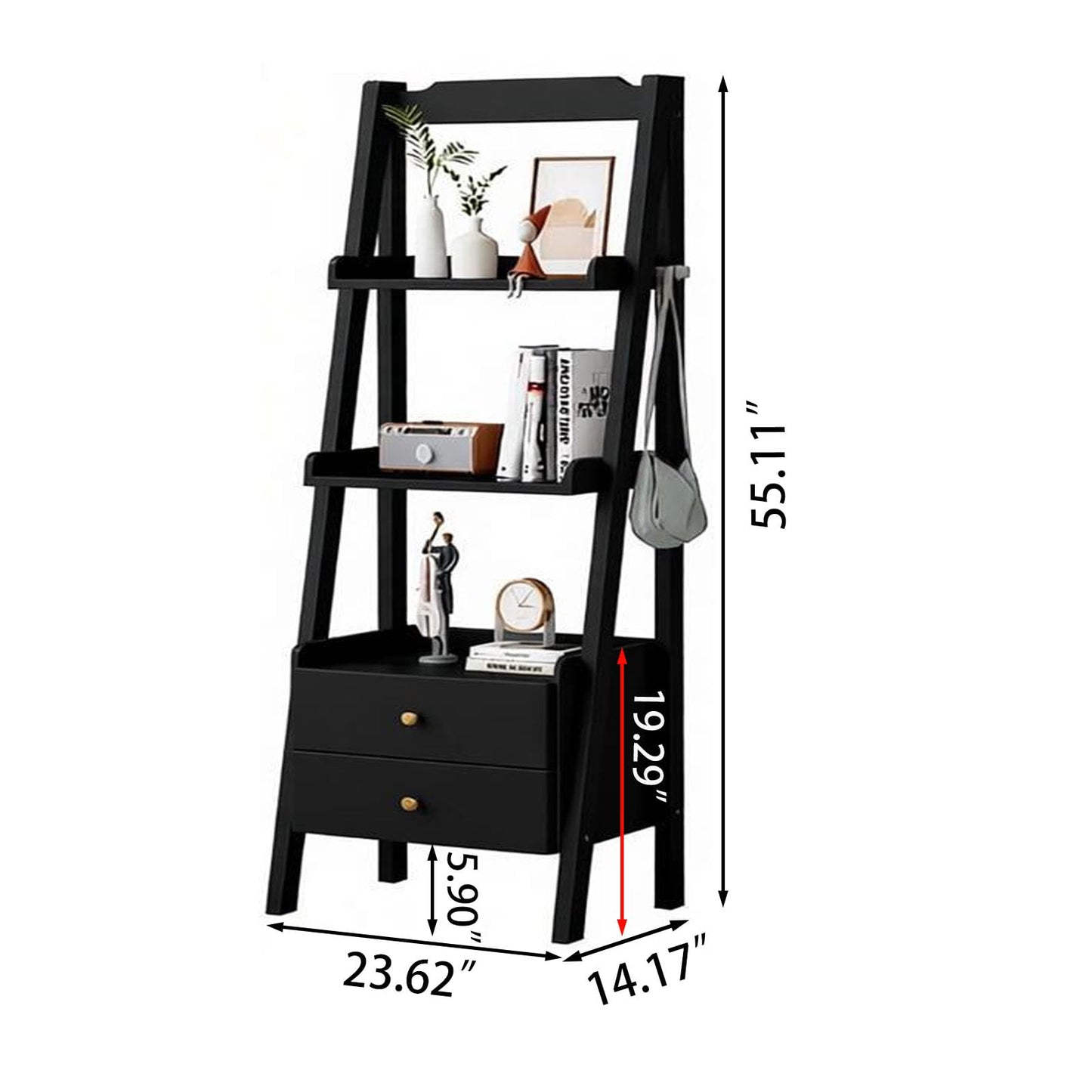 YKHTBDL Solid Ladder Bookshelf with Storage, Modern Wooden Display Shelf, Tall Narrow Plant Stand with Drawers for Living Room, Bedroom & Home Office Black B (23.62''L× 14.17''W×55.11''H)