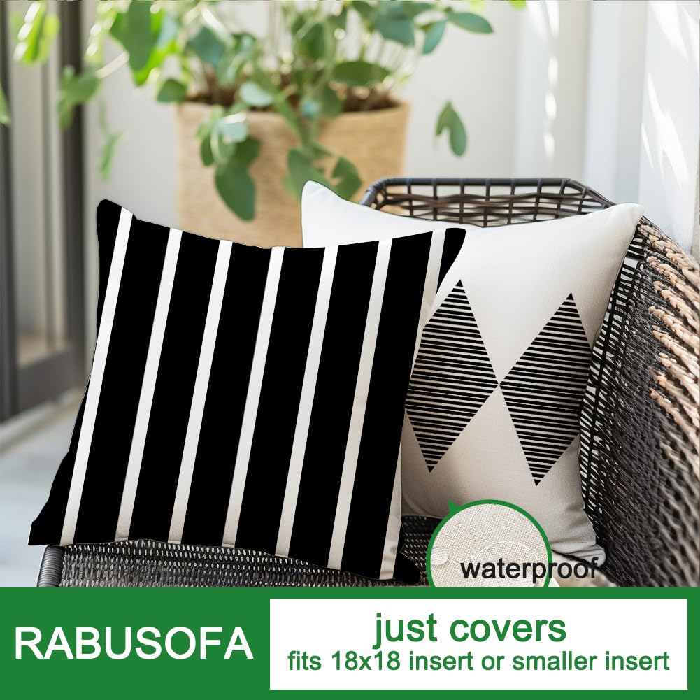 RABUSOFA Outdoor Pillows Waterproof,18x18 inch Black and White Throw Pillows Boho Set of 4 for Patio Furniture,Sunbrella Outdoor Pillow Covers for Couch(2W-18) (no Insert)