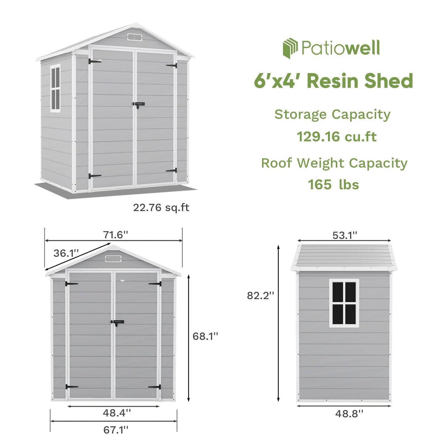 Patiowell 6 x 4 FT Plastic Outdoor Storage Shed with Floor, Resin Outside Sheds with Window, Garden Tool Shed with Lockable Door for Patio Storage, Backyard, Light Gray