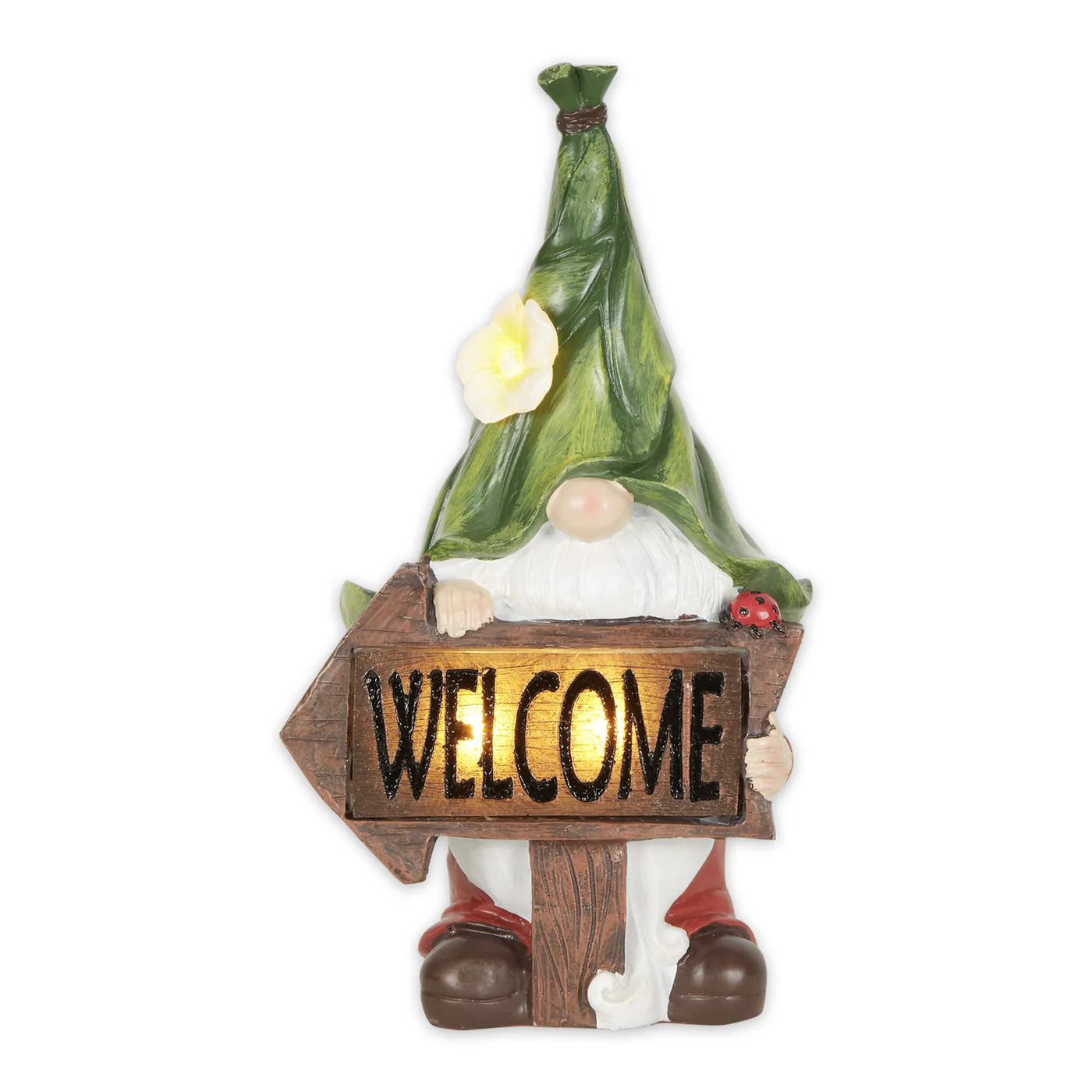 GNOME WITH GLOWING WELCOME SIGN SOLAR STATUE