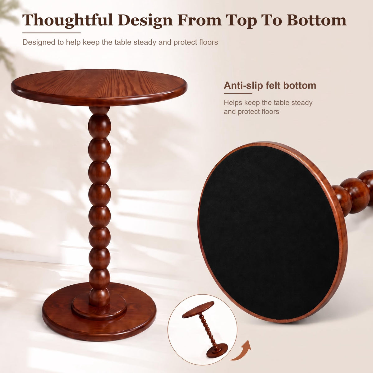 Sonderzone Solid Wood Pedestal Side Table, 16" Round End Table, Walnut