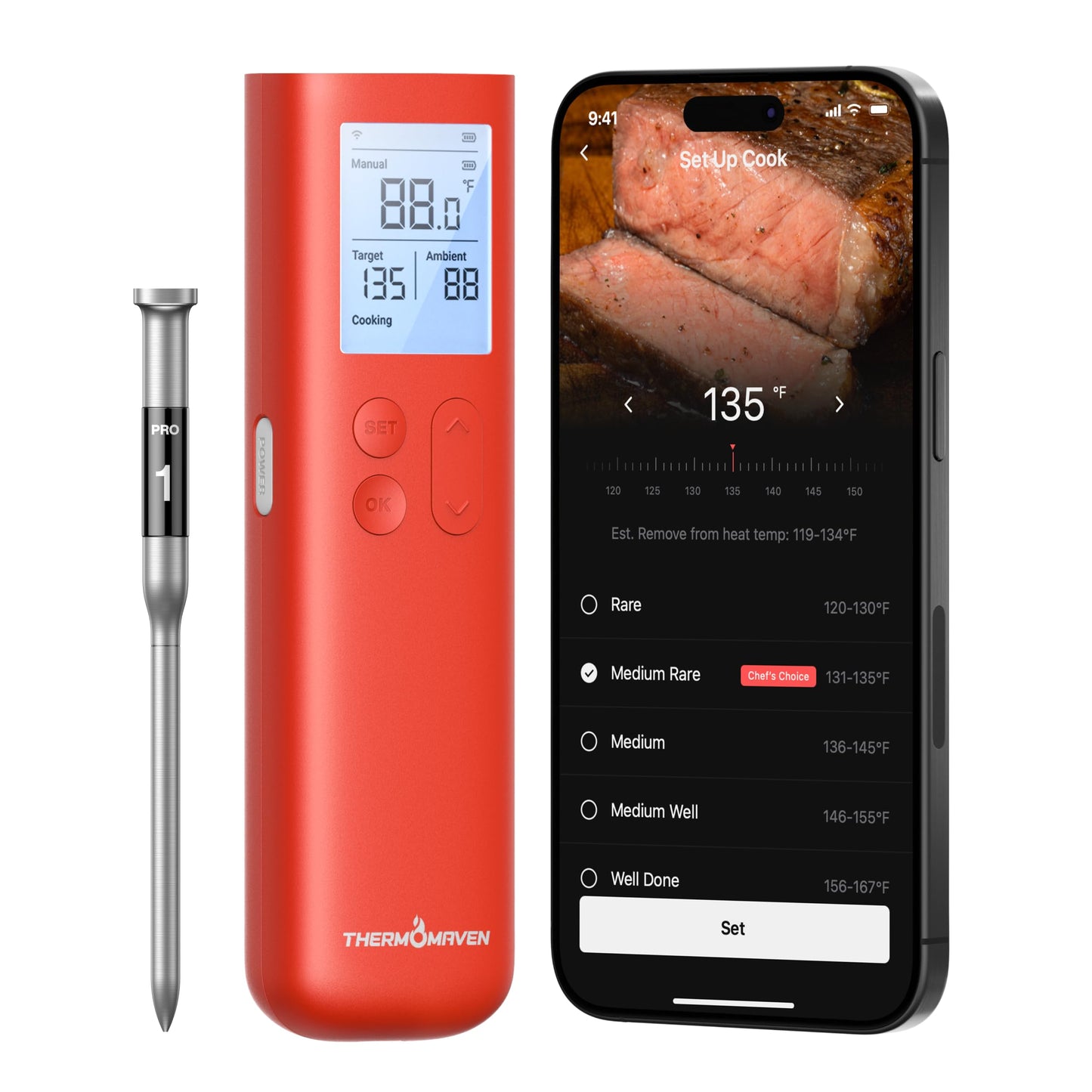 ThermoMaven Smart Bluetooth Wireless Meat Thermometer, 10X Enhanced Sub-1G Signal and Stability, Standalone Display Base, Certified Accuracy ±0.5°F, WiFi Unlimited Range for BBQ, Oven, Smoker, Grill