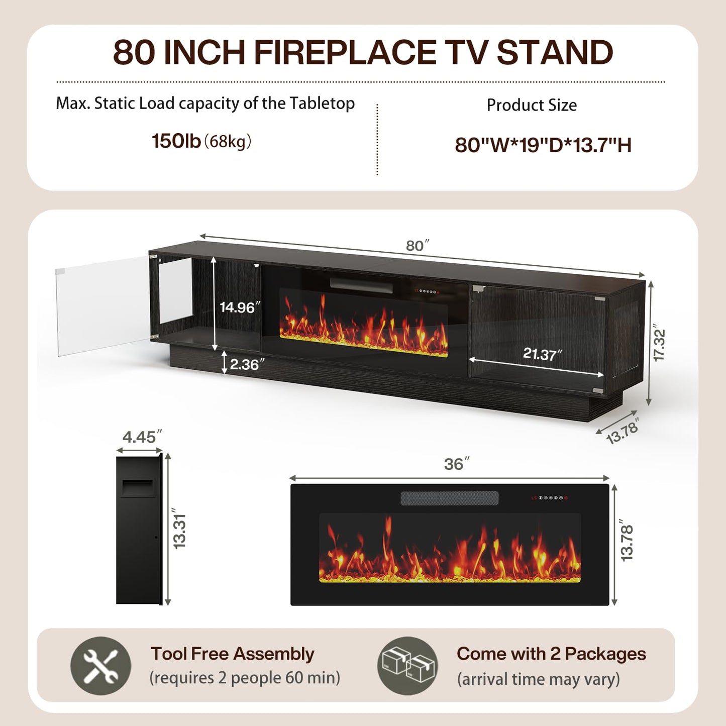 PRETZI 80 Inch Modern Fireplace TV Stand, Luxury TV Stand with 36" Fireplace for TVs Up to 90", Glossy Glass Doors Entertainment Center with Adjustable RGB LED Light for Living Room, Black