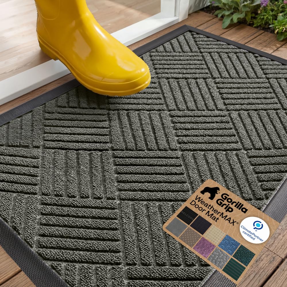 GORILLA GRIP WeatherMAX Door Mat, Indoor Outdoor Use, 29x17 Gray Diamond
