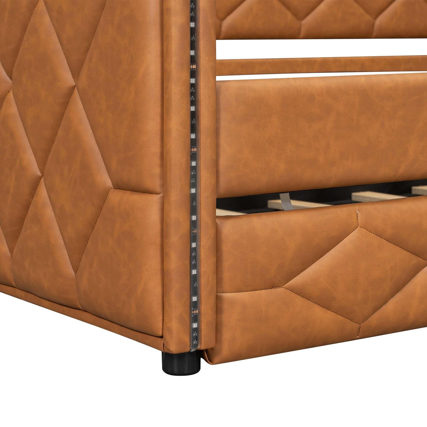 SRJunidexor Full XL Upholstered Daybed with Trundle and LED Armrests, Faux Leather Sofa Bed with Pull Out Guest Bed, Modern Platform Daybed for Living Room, Dorm, Small Spaces (Brown)