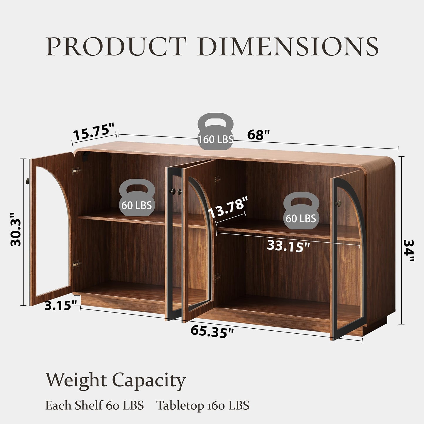 beronbaer Sideboard Buffet Cabinet with Storage, 68" Walnut Credenza Accent Cabinet Buffet Table w/4 Arched Glass Doors & LED Light, Modern Coffee Bar Liquor Cabinet w/2 Shelves for Kitchen Entryway