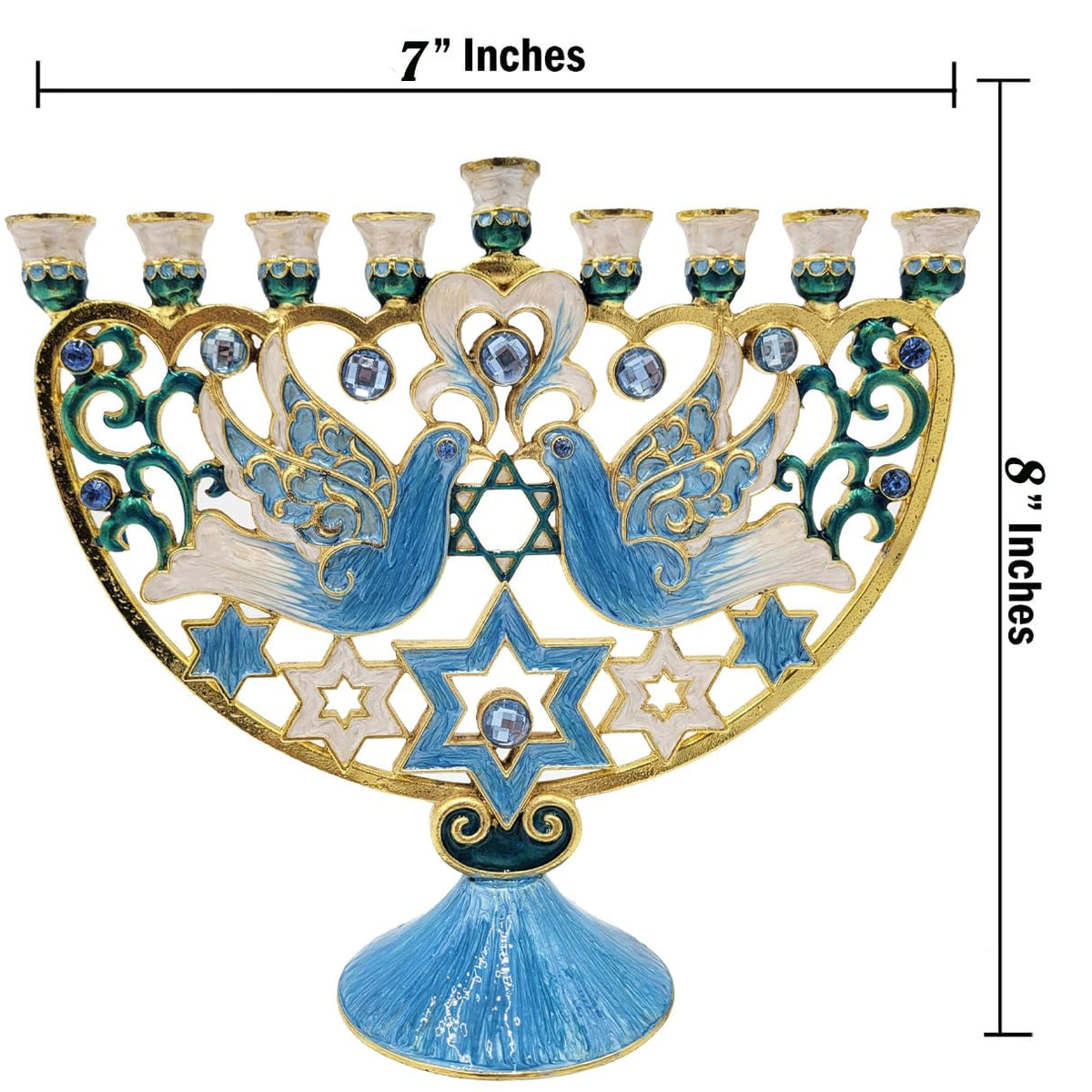 The Dreidel Company Hanukkah Large 12-Inch Tall Menorah Hand Painted Enamel, Star of David Magen David & Blue Bird Design, Hand-Painted Enameled Metal