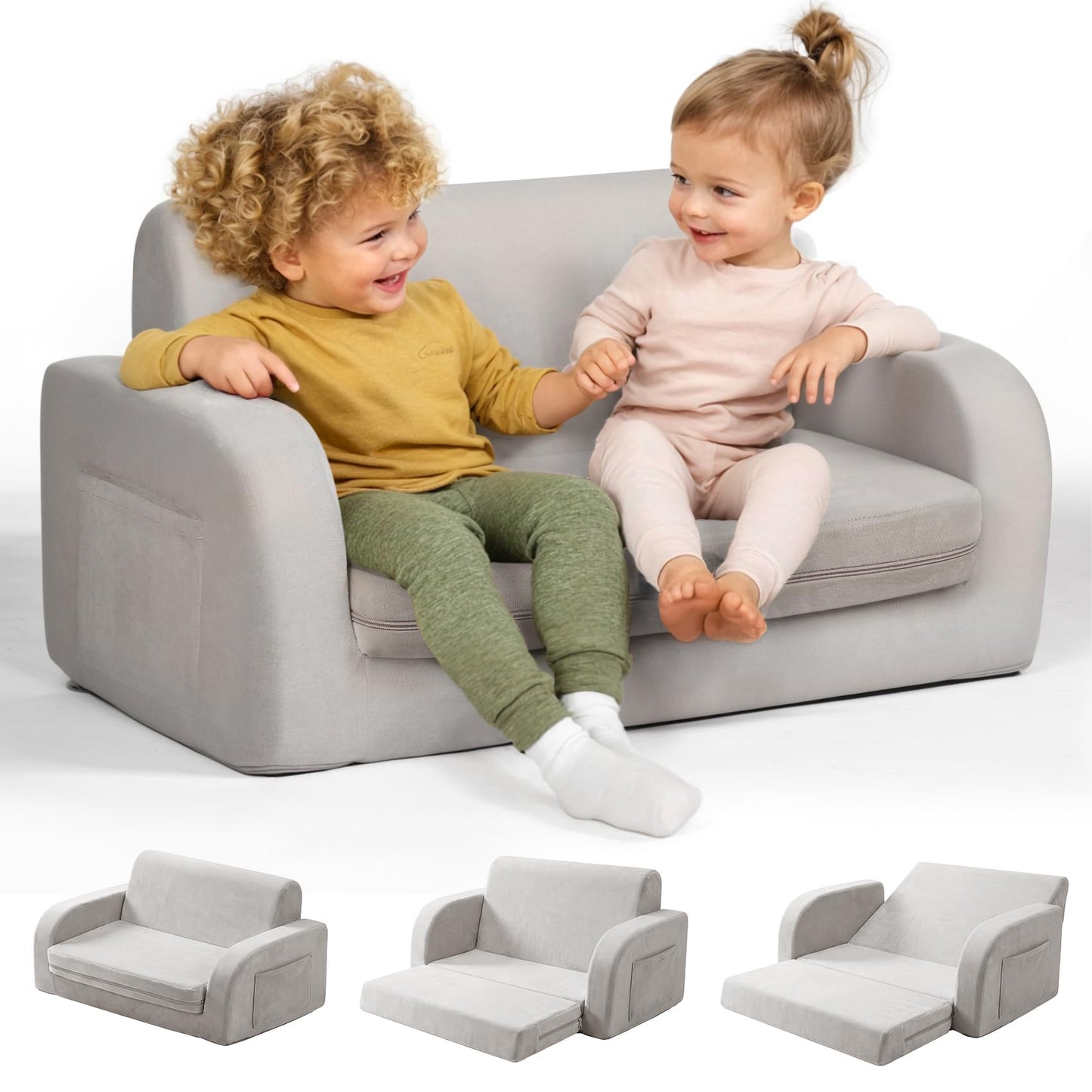3-in-1 Extra Wide Convertible Kids Couch, Flip Open Toddler Couch to Lounger, Comfy Toddler Chair, Machine-Washable Kids Sofa for Girls, Kid Sofa Bed for Fun Playtime or Comfy Lounging, Gray