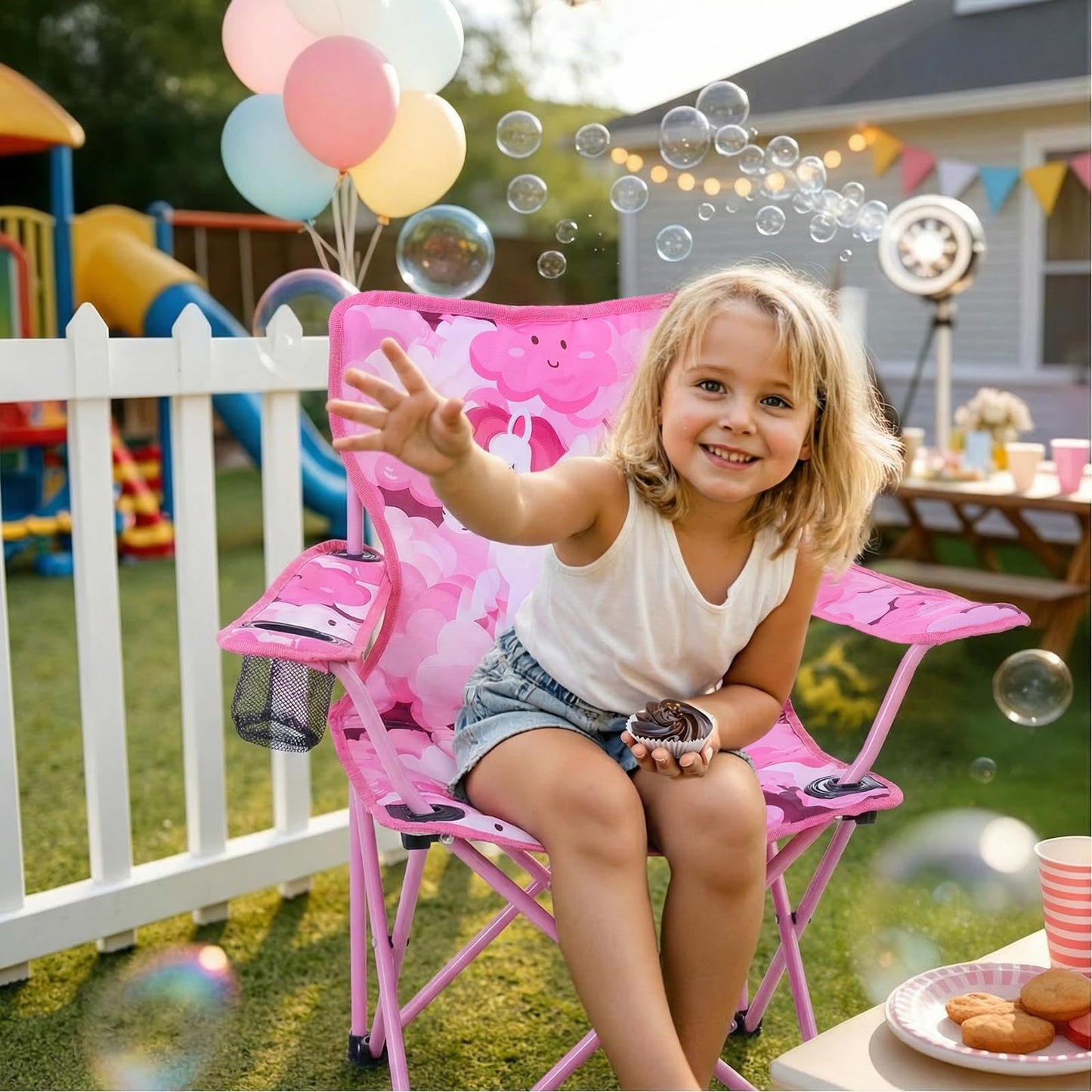 Huskfirm Padded Kids Camping Chair Folding Toddler Chair with Cup Holder & Safety Lock Portable Kids Beach Chair Ages 3-6 for Outdoor Camping Foldable Kids Chair Support 120lbs,Pink Unicorn