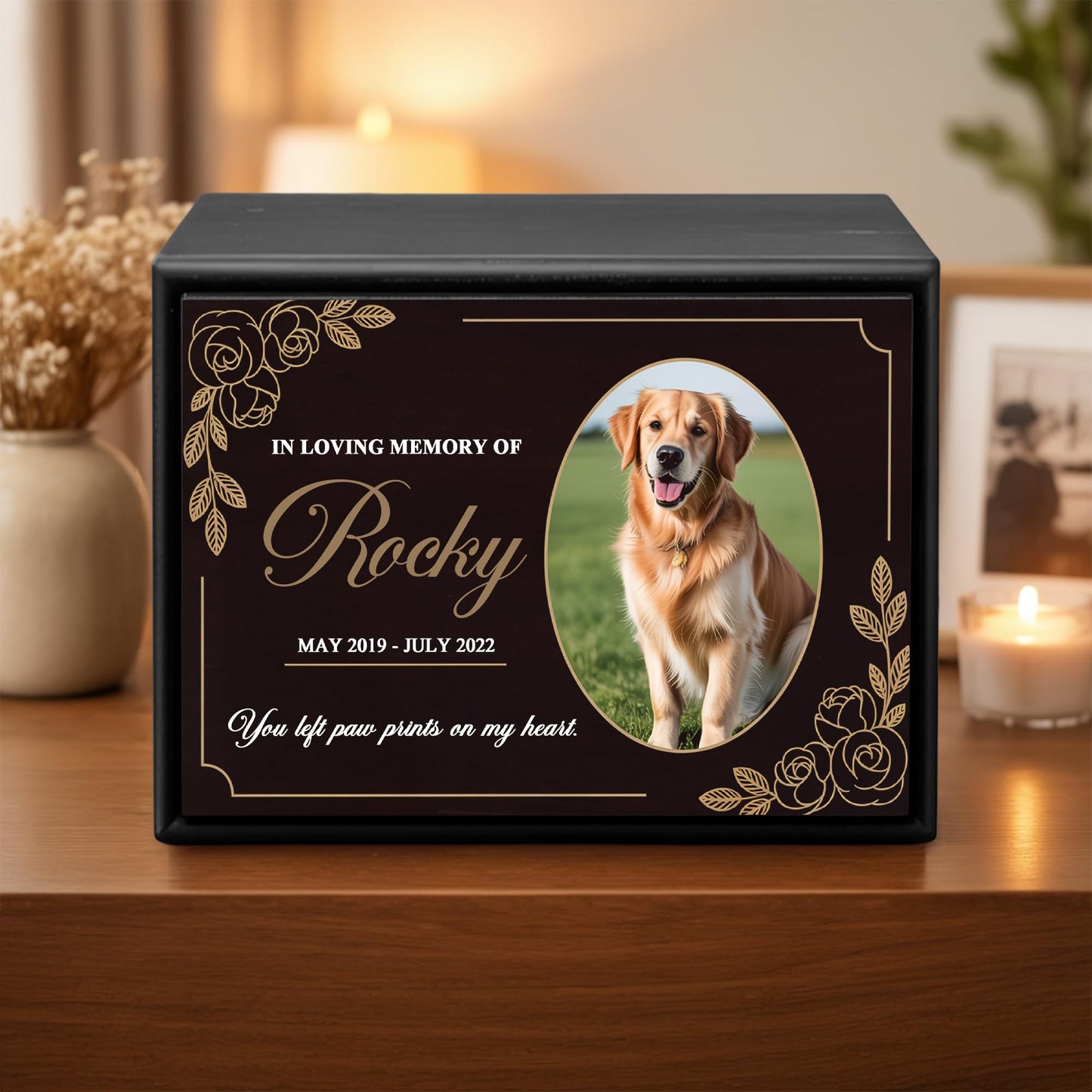 Personalized Wooden Urns for Dog Ashes - Custom Cremation Urn for Dogs up to 170 lbs - Add Your Pet Photo and Text - Custom Burial Memorial Keepsake - Black Design 6