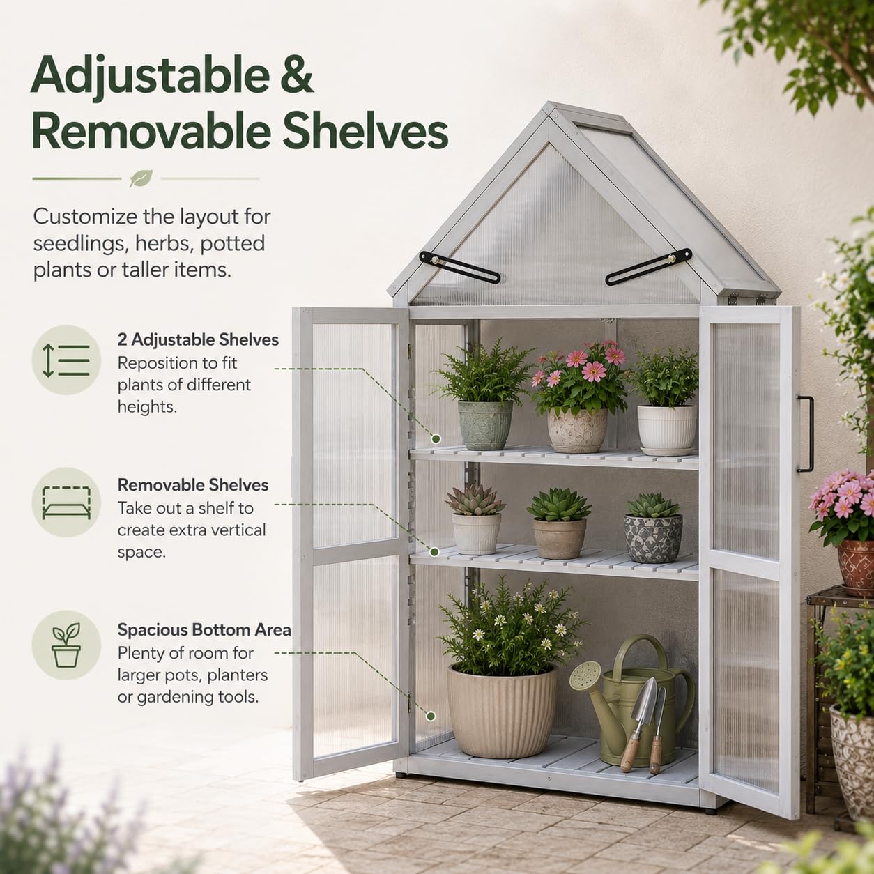 WizSeq Wooden Mini Greenhouse Outdoor, 52.3" Cedar Cold Frame Plant Stand with Adjustable Roof, Removable Shelves and Wall Brackets for Patio, Balcony, Garden, French Gray
