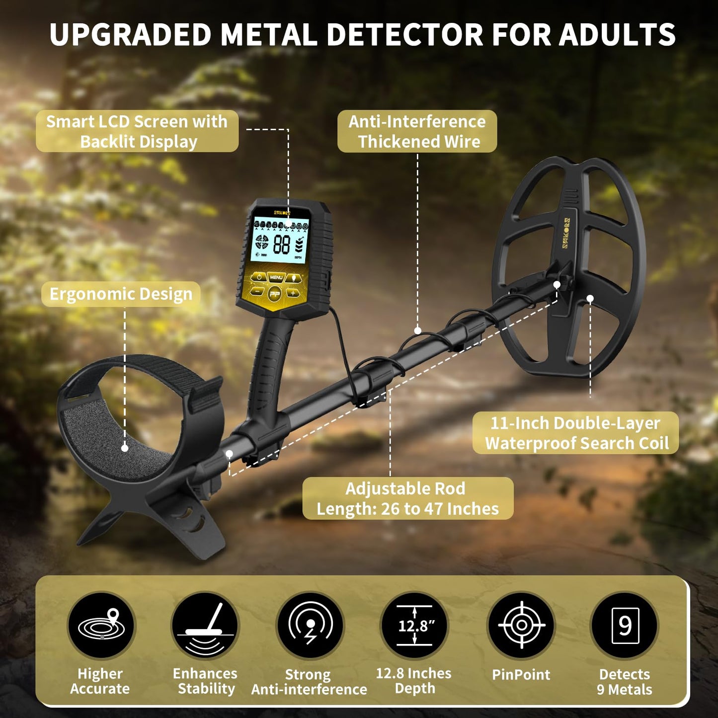 SAKOBS Metal Detector for Adults, Professional Foldable Waterproof Metal Detector with 11" IP68 DD Coil, Backlit LCD Target ID, 12.8" Deep Search Gold Detector, Lightweight Beach Metal Detector