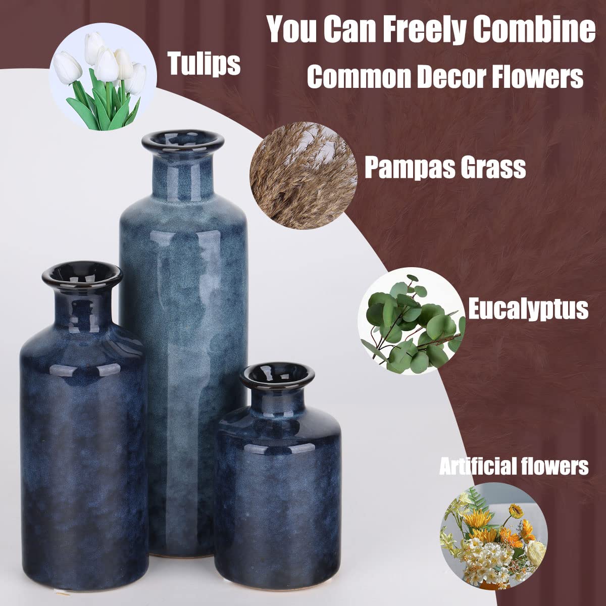 Blue Ceramic Vase Set - 3 Blue Small Vases