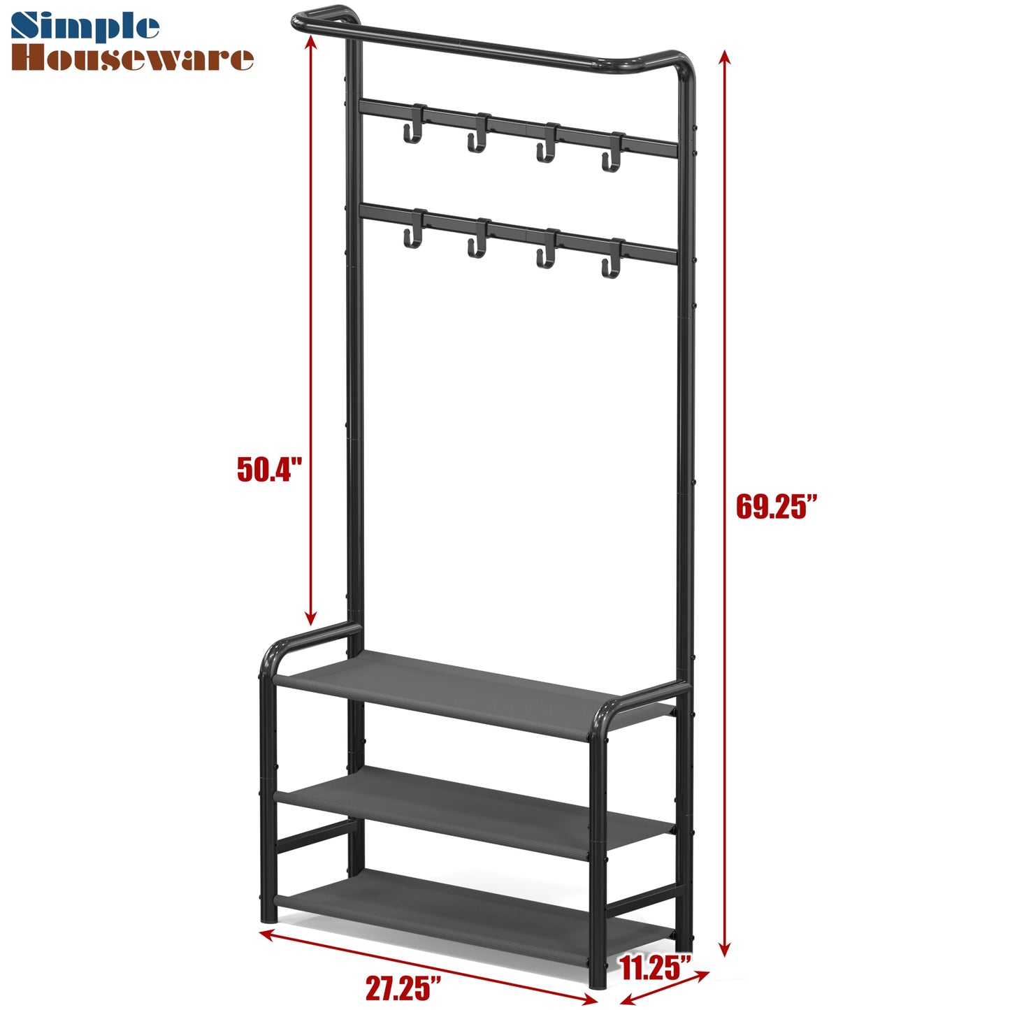Simple Houseware Coat Rack with Storage Shelf, Freestanding Hall Tree with Hooks for Entryway, Bedroom, Office, Black Metal Clothes Hanger Stand for Coats, Hats, Jackets, Bags - Black