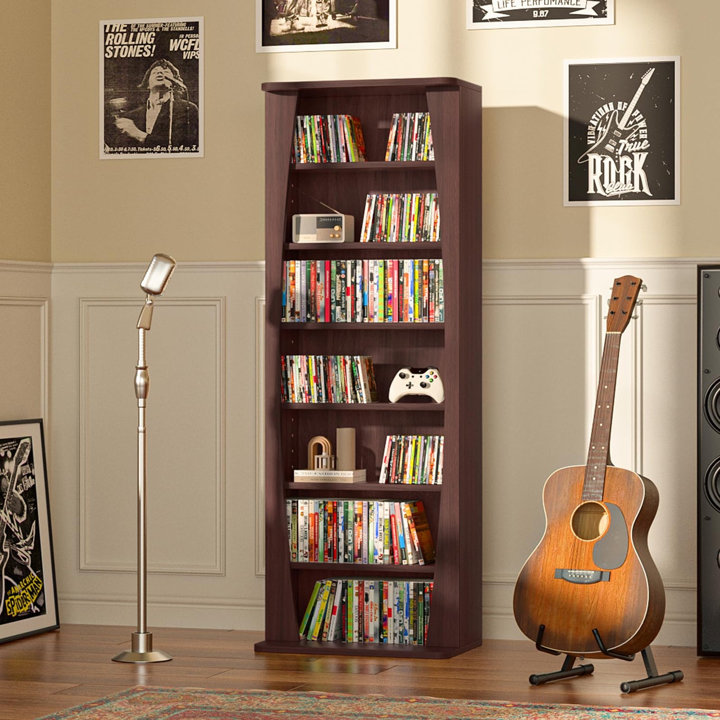 LELELINKY 7 Tier Arched DVD Shelf, DVD Rack with Adjustable Shelves, Walnut