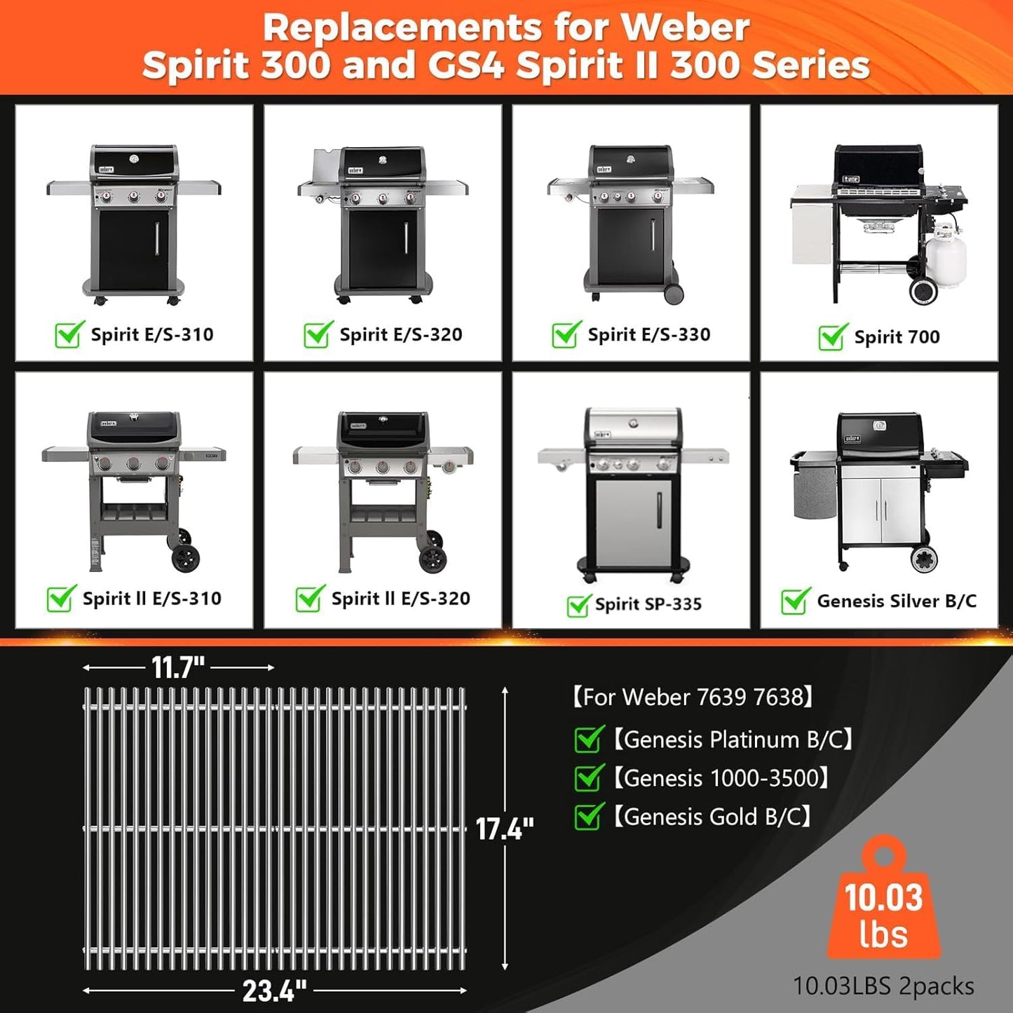 QuliMetal SUS304 Grill Grates for Weber Spirit E-310 and GS4 Spirit II 300 Series, Spirit 700, Genesis Silver B & C, Genesis Gold B & C, Genesis Platinum B & C, Genesis 1000-3500