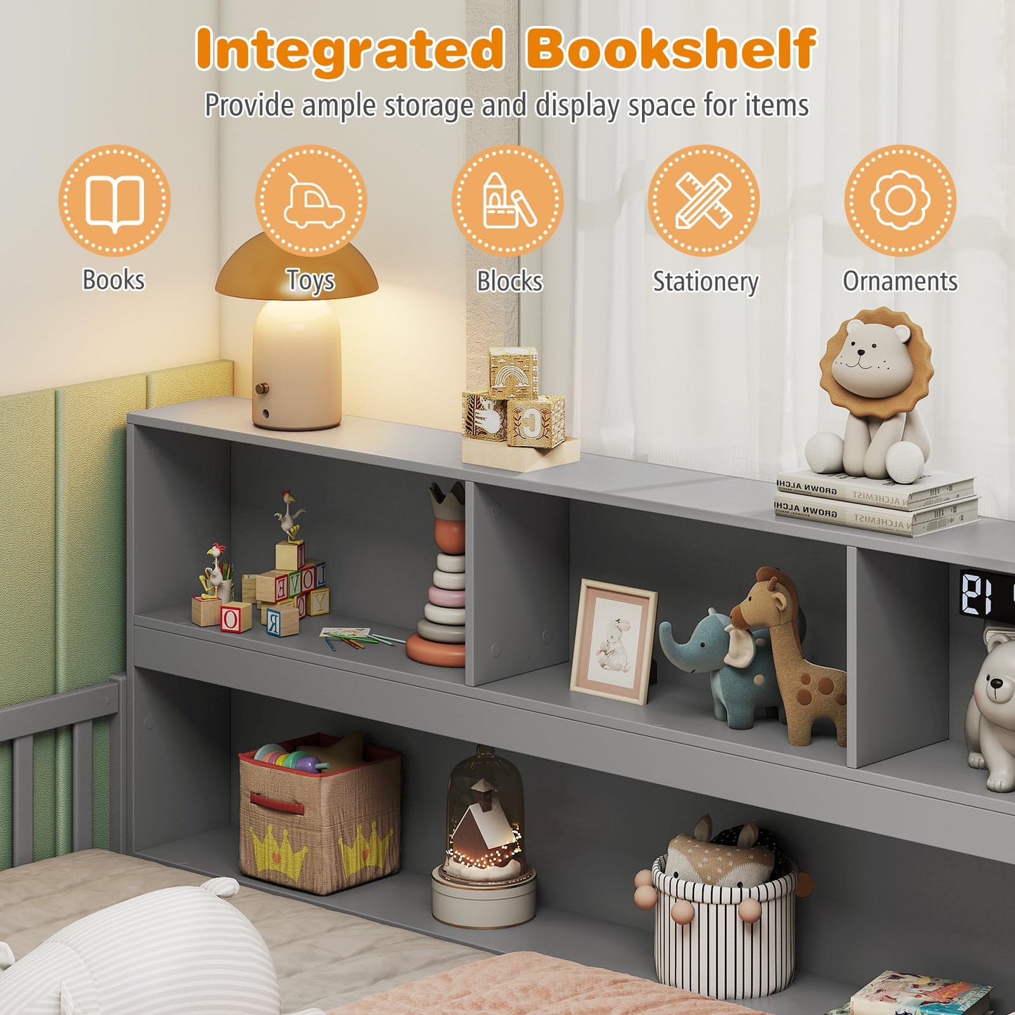 Giantex Full Size Floor Bed for Kids, Wooden Montessori Bed Frame with Bookcase, Storage Shelves & Safety Fence Rails, Floor Beds Full for Girls, Boys, No Box Spring Needed, Without Slats, Grey