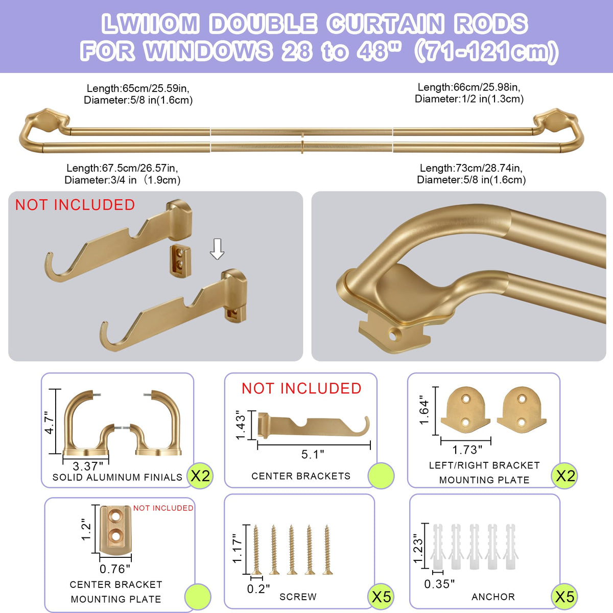 Lwiiom Gold Double Curtain Rods For Windows 28-48 Inch,Heavy Duty Double Curtain Rod with Aluminum Finials and Bracket,Adjustable Double Window Rods For Blackout Or Room Darkening Panels