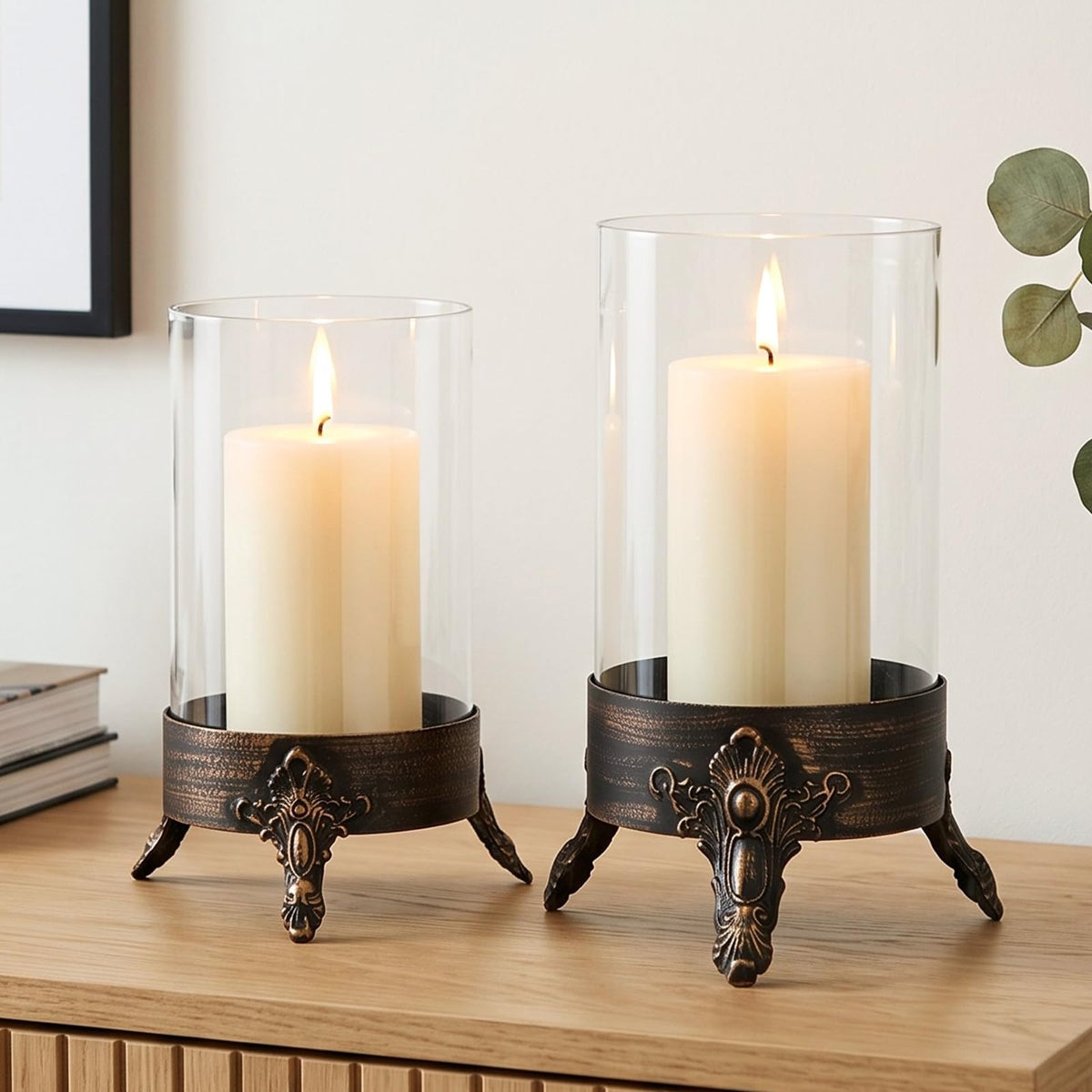 Singhoow Set of 2 Hurricane Glass Candle Holder, Metal Base Halloween Decor