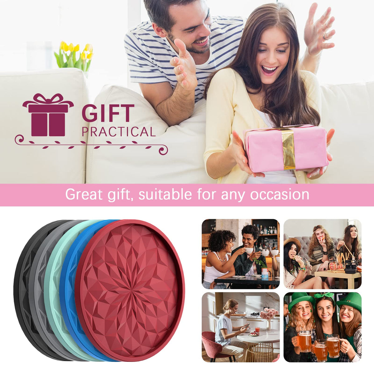 ME.FAN Silicone Coasters with Holder,[6 Pack] Drinking Coasters - Cup Mat for Hot or Cold Drinks, Thickened, Non-Slip, Non-Stick,Deep Tray Black