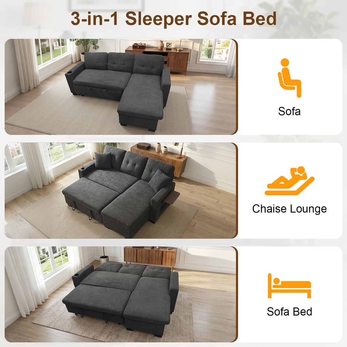 82" L Shaped Sleeper Sofa Bed, Pull Out Sectional Couch with Storage Chaise/Reclining Backrest, Sectional Couches for Living Room with USB Port, Foldable Table, Cup Holder, Side Pocket, Deep Grey