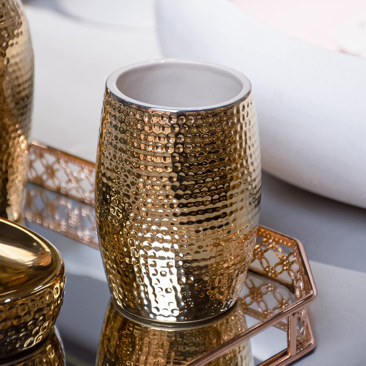 Gold Bathroom Accessory Set - 3 Piece Decorative Ceramic Bathroom Accessories Sets with Lotion Soap Dispenser, Toothbrush Holder/Tumbler and Soap Dish, Golden Gift Set for New Home Decor