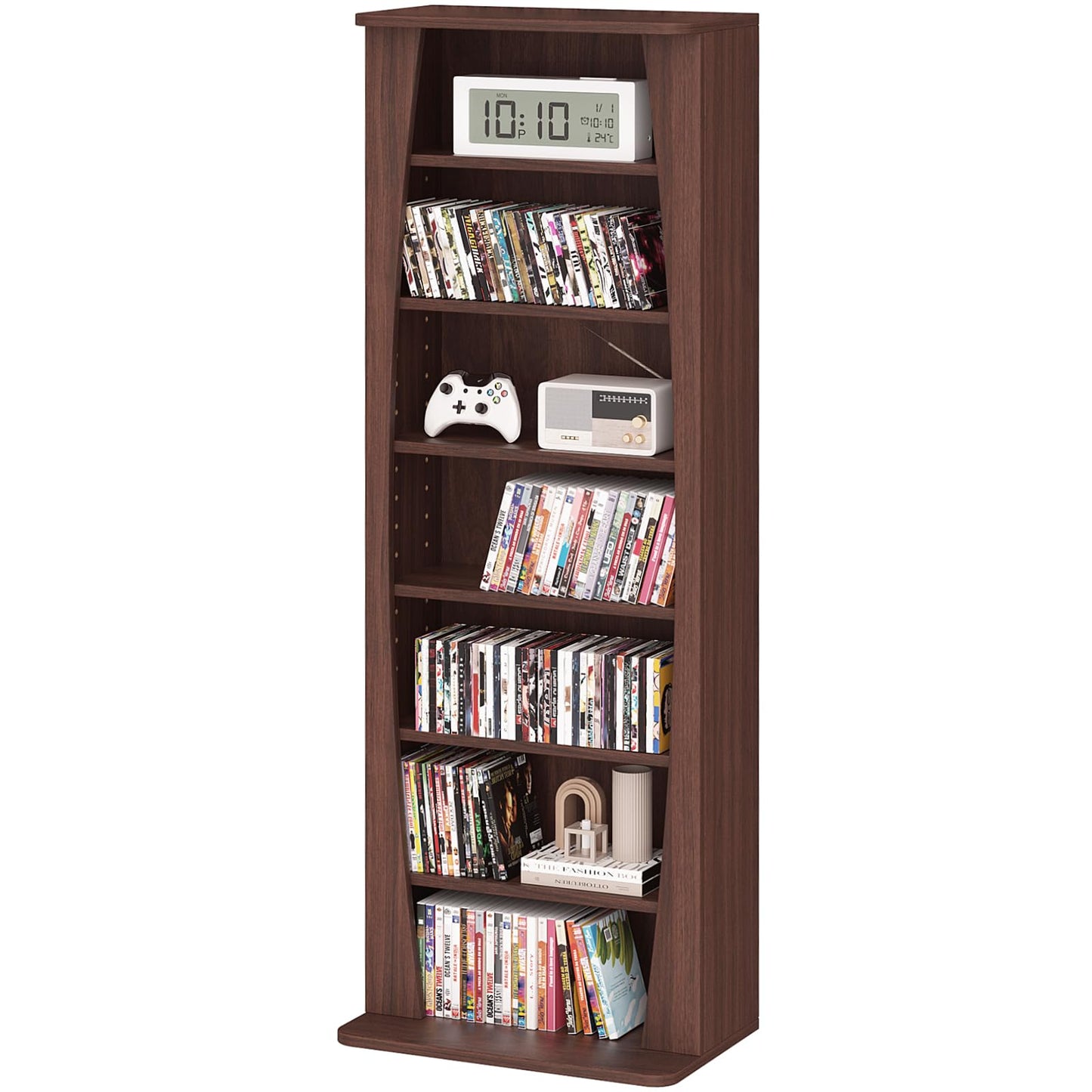 LELELINKY 7 Tier Arched DVD Shelf, DVD Rack with Adjustable Shelves, Walnut