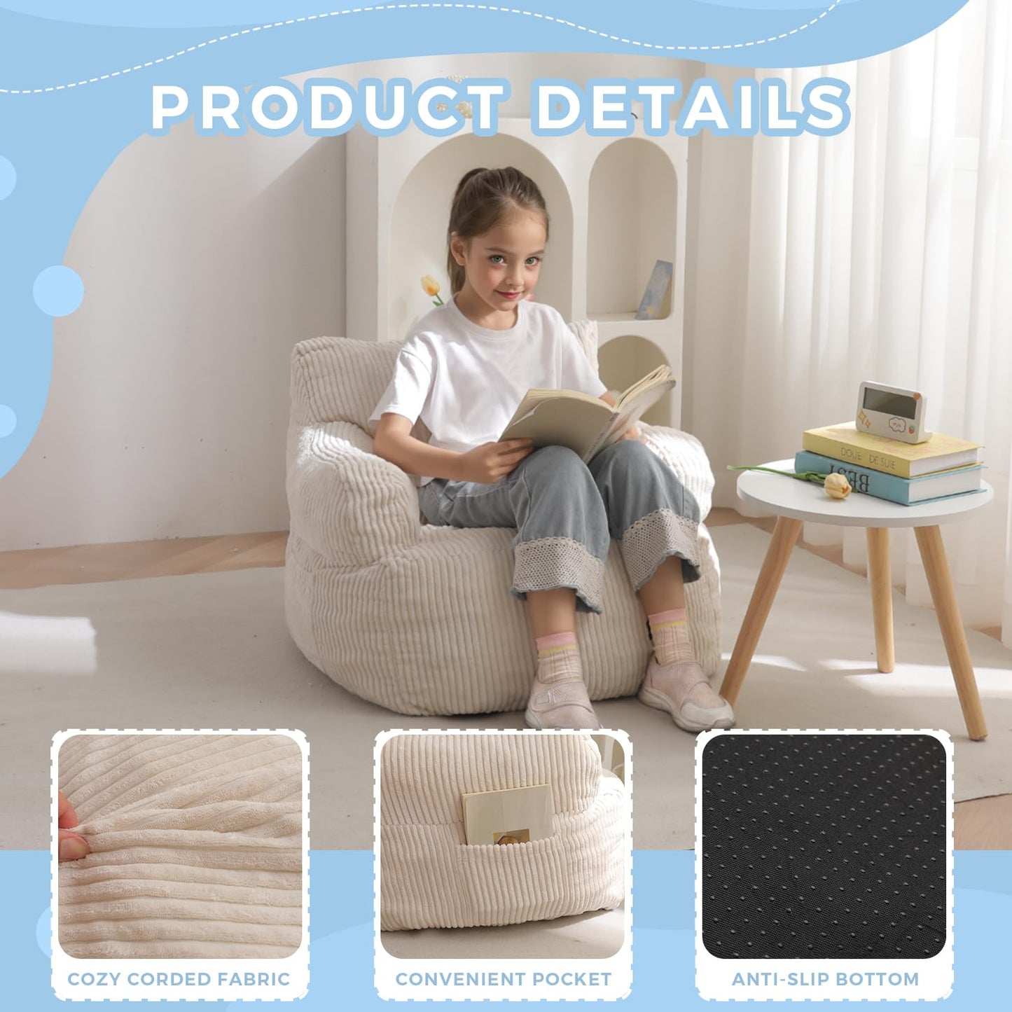 MAXYOYO Kids Bean Bag Chair, Stuffed Toddler Bean Bag Sofa with Filler Bean Bag Chair for Boys and Girls, Lazy Sofa with Pocket Floor Chair for Gaming, Reading, Beige