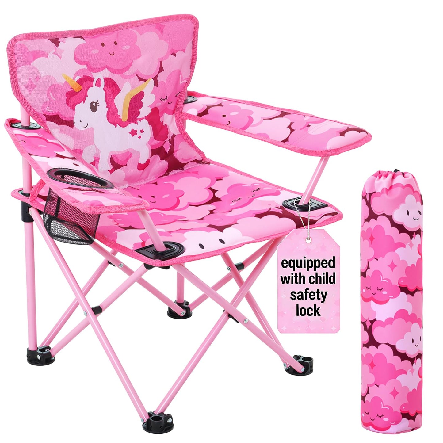 Huskfirm Padded Kids Camping Chair Folding Toddler Chair with Cup Holder & Safety Lock Portable Kids Beach Chair Ages 3-6 for Outdoor Camping Foldable Kids Chair Support 120lbs,Pink Unicorn