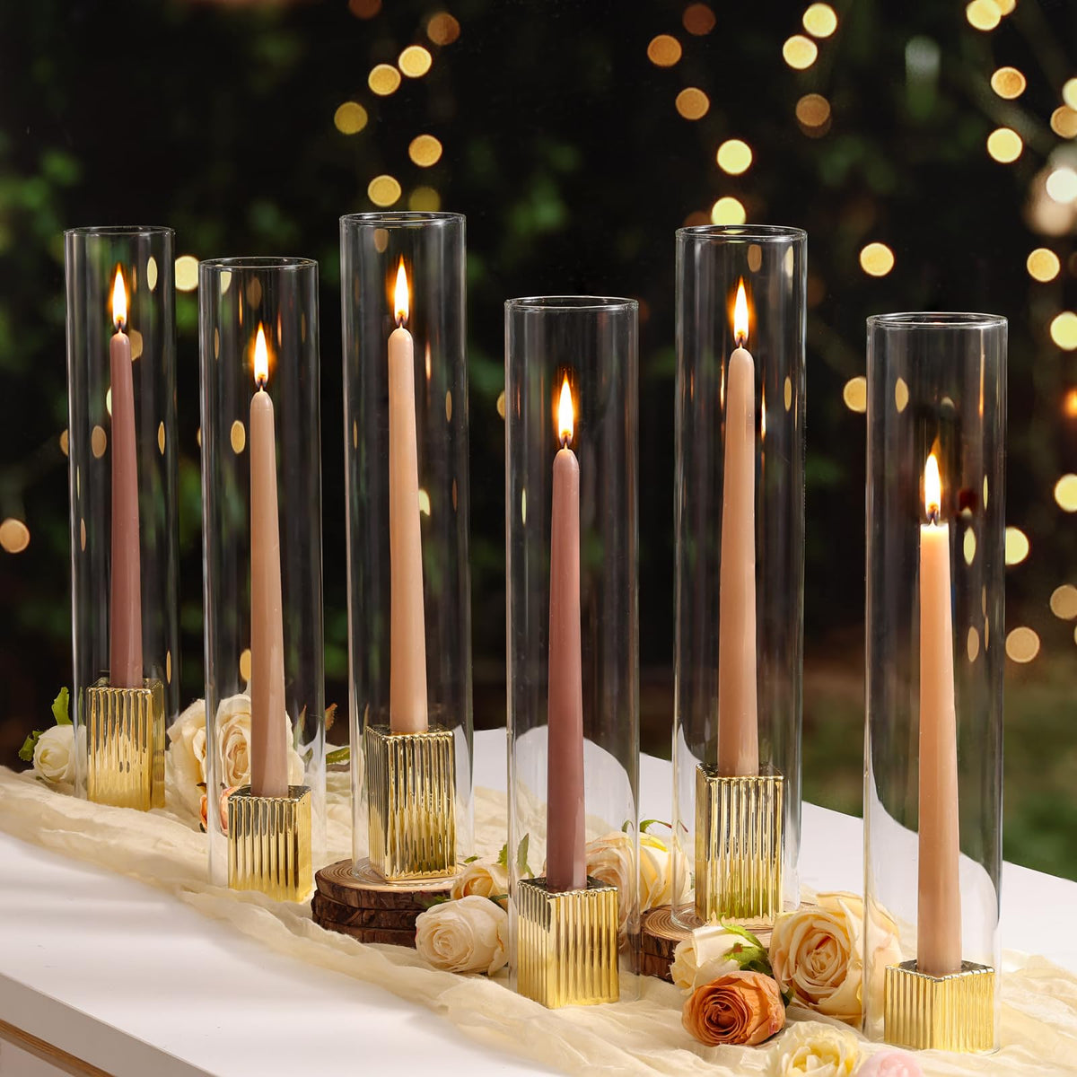 LETINE 14" Tall Hurricane Candle Holders with Gold Ribbed Taper Candle Holders Set of 9– Bulk Windproof Taper Candle Hurricane Glass for Outdoor&Indoors Wedding Centerpiece, Event & Home Decor