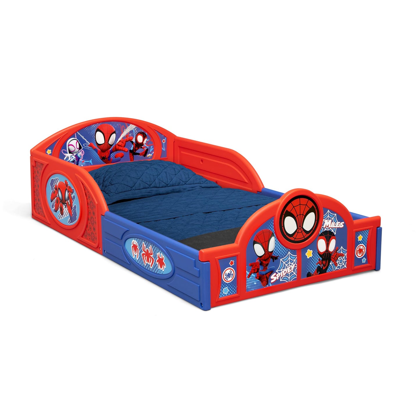 Delta Children - Marvel Spidey and His Amazing Friends 4-Piece Toddler Room-in-a-Box Set – Includes Sleep and Play Toddler Bed, Table, 1 Chair and Fabric Toy Box, Blue/Red