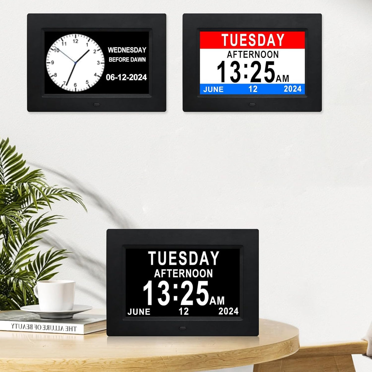 TMC Dementia Clocks for Seniors, Senior Clocks, Medicine Reminders with Alarms，Digital Clock for Bedroom, Entryway, Living Room, Study (7 inch Black)