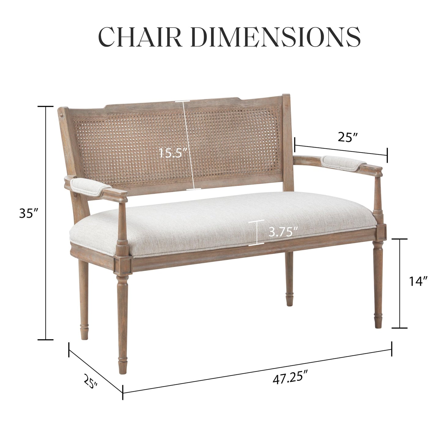 Madison Park Willshire Natural Rattan Settee, Upholstered Seat - Charming Country Design, Rustic Reclaimed Wood Finish, Ratan Insert Backrest & Padded Arm Rest, 47.25" Wide Beige/Reclaimed Natural