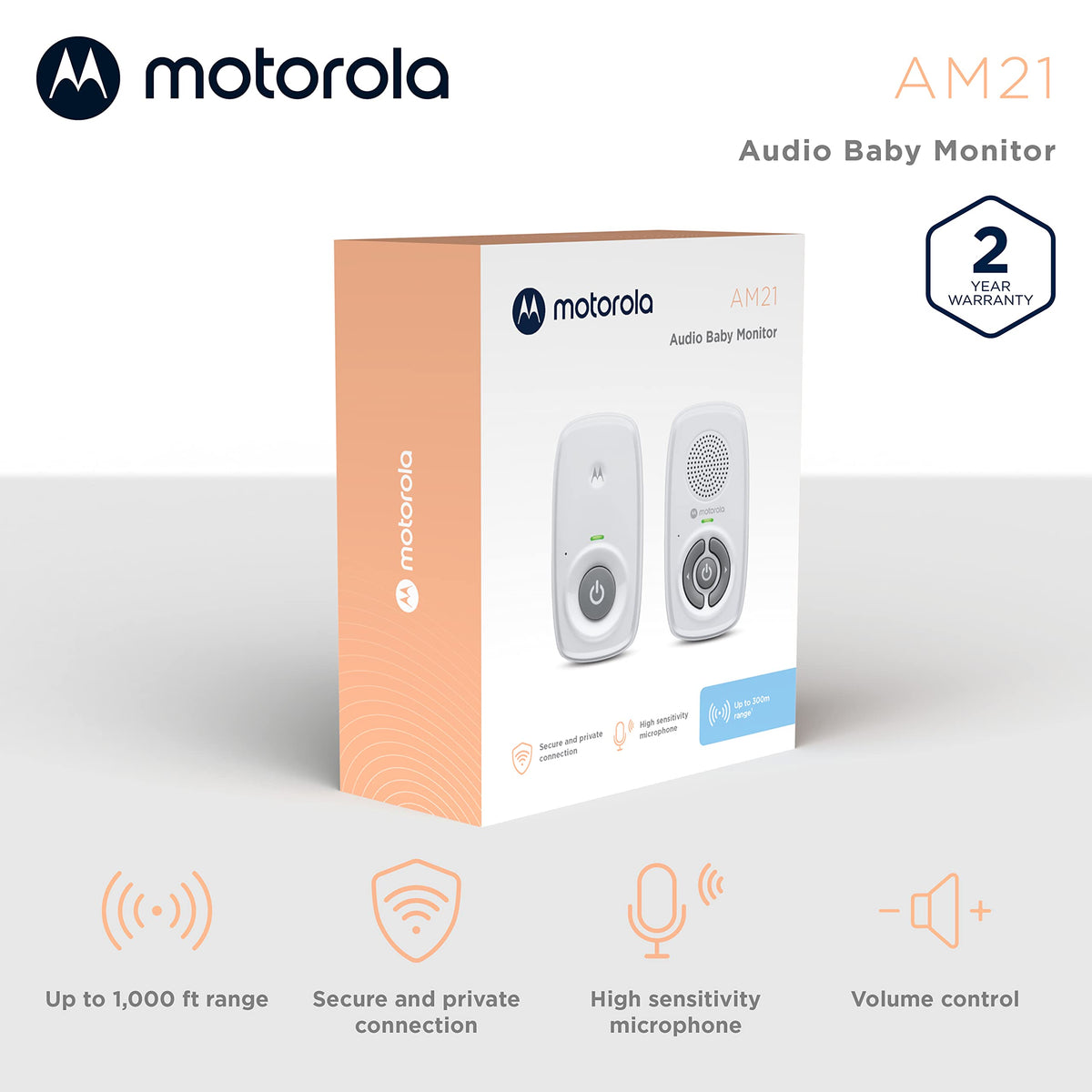 Motorola Nursery Audio Baby Monitor, No WiFi, Long Range 1000 ft, Volume Control, DECT Private Connection, Cry Detection, Portable Battery Parent Unit, Ideal for Safe Monitoring, No App, AM21