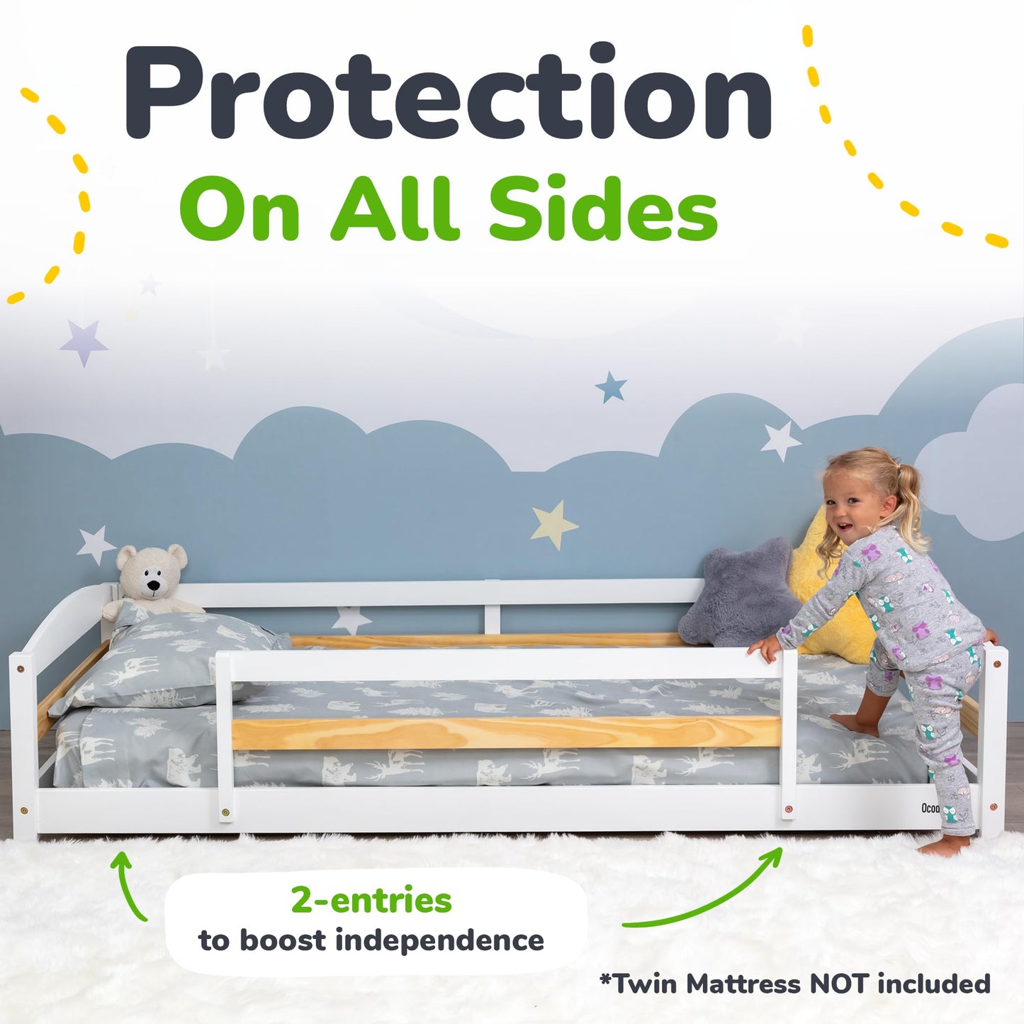 Ocodile Twin Floor Bed with Safety Guardrails for Kids, Montessori Inspired with Rails and 2 Openings, Twin Size Bed Frame for Girls and Boys - White