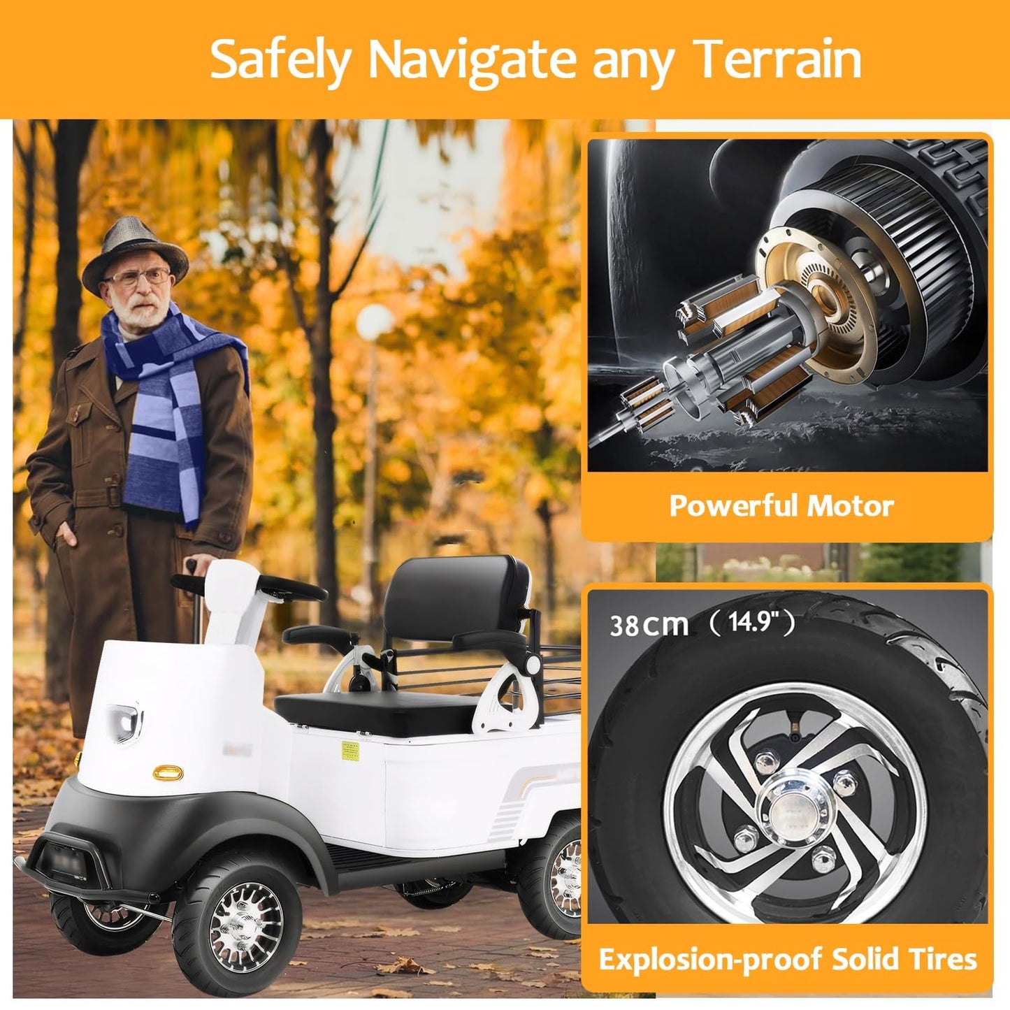 Electric Golf Cart Passenger Cruiser, Powered Mobility Scooters with Capacity Storage Trunk, Charge with Standard 120V Outlet Electric Passenger Cart, 28Mile Range and a Speed of 12MPH(White-Lithium)