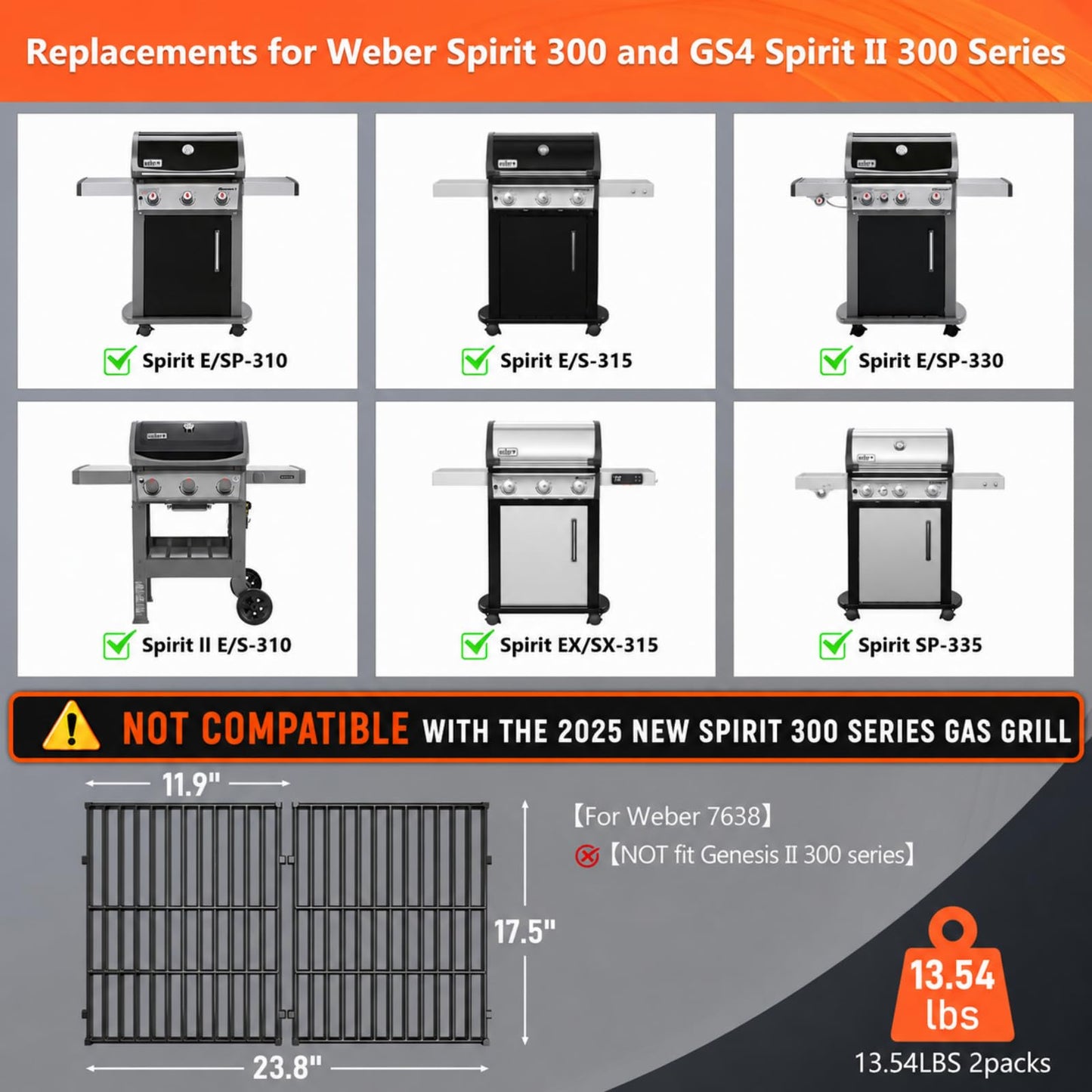 17.5" Grill Grates for Weber Spirit 300, Grill Parts for Weber Spirit E310 & GS4 Spirit II 300 Series, Spirit II E310, Spirit 2 E310, Genesis Silver/Gold B & C,Porcelain Enameled Cast Iron Grate 7638