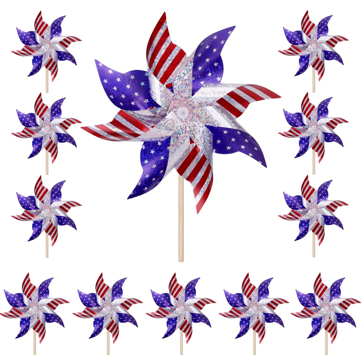 Reflective Patriotic Pinwheels 4th of July Decorations 12 Pack Red White and Blue Windmills Decorations Wind Spinners for Yard Garden,Independence Day, Memorial Day
