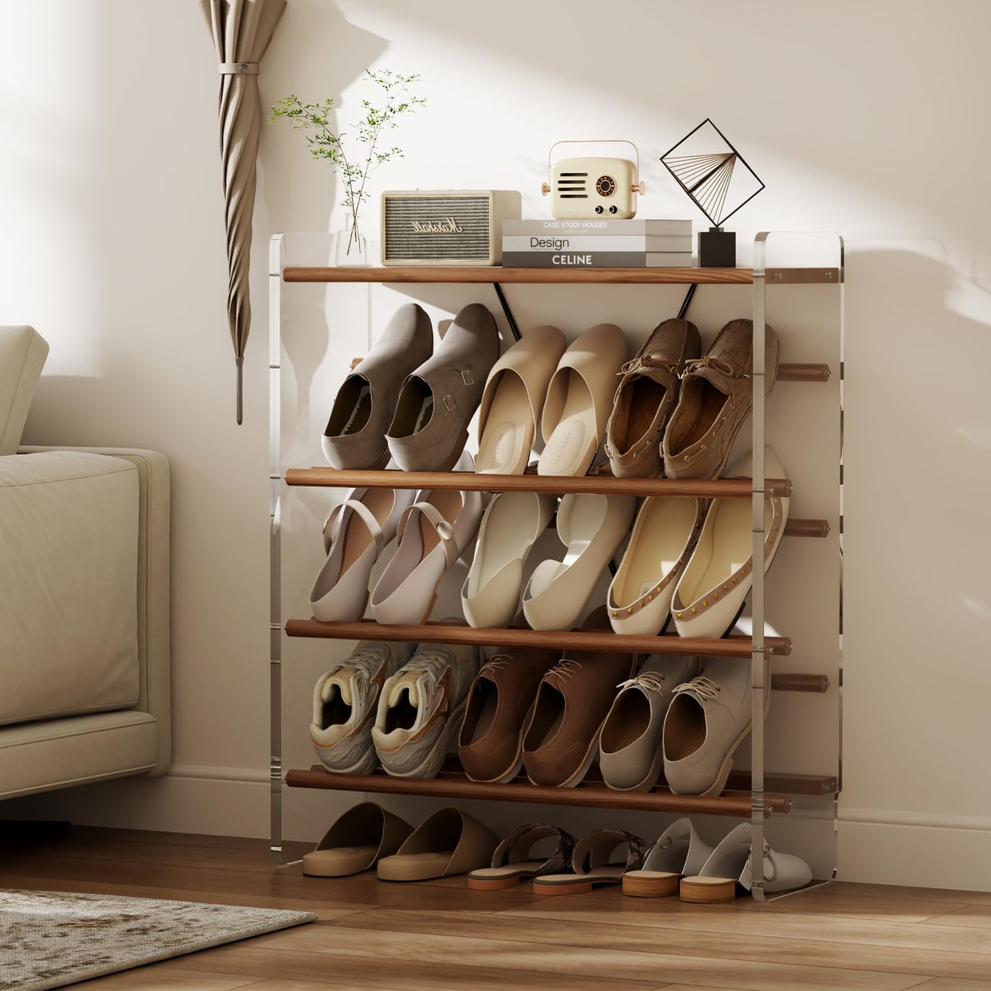 YQJJGL Shoe Rack, 4-Tier Slanted Shoe Shelf with Wooden Top Panel, Solid Wood and Acrylic Shoe Organizer Rack, Shoe Storage Rack Ideal for Entryway, Bedroom, Closet and Living Room (Walnut 29" W)