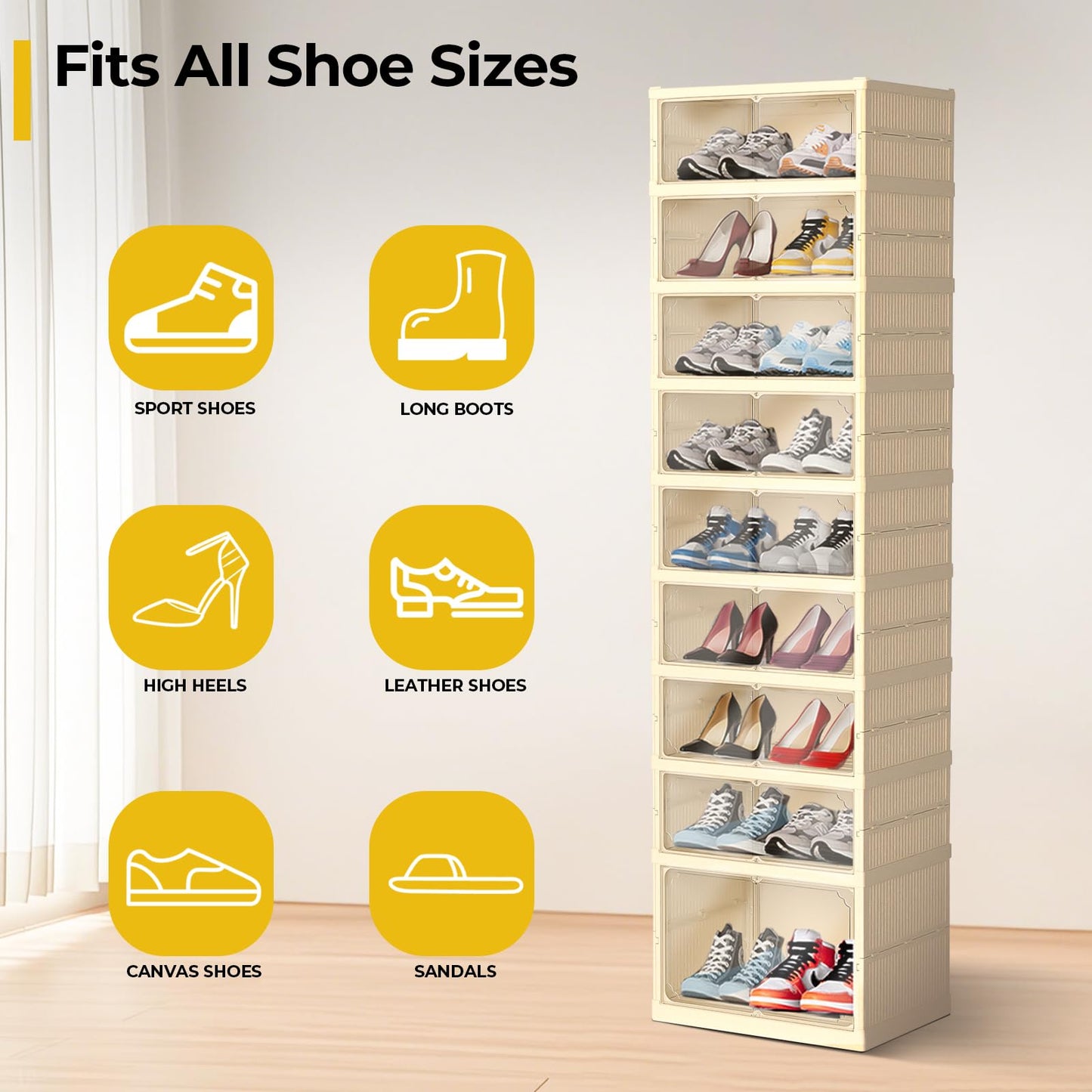 GCCSJ 9-Tier 18 Pairs Foldable Shoe Rack Organizer, Plastic Collapsible Shoe Shelf, Folding Shoe Box Storage Cabinet with Magnetic Clear Door Easy Assembly for Entryway, Bedroom, Living Room