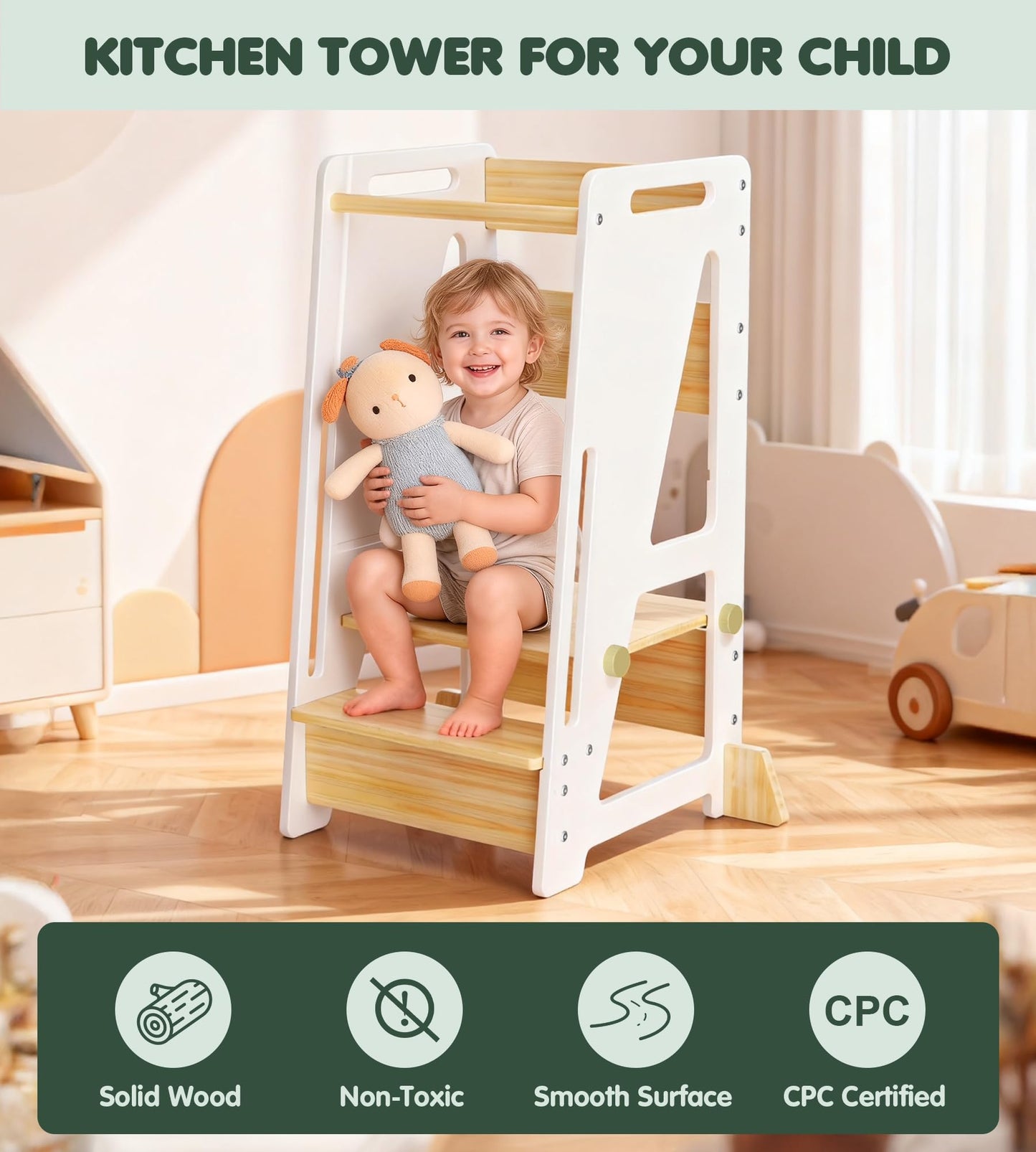 Toddler Standing Stool with Sliding Door for Safe Climbing, 3-Height Adjustable Kitchen Step Stool, Wooden Learning Tower for Kids, Non-Slip Feet