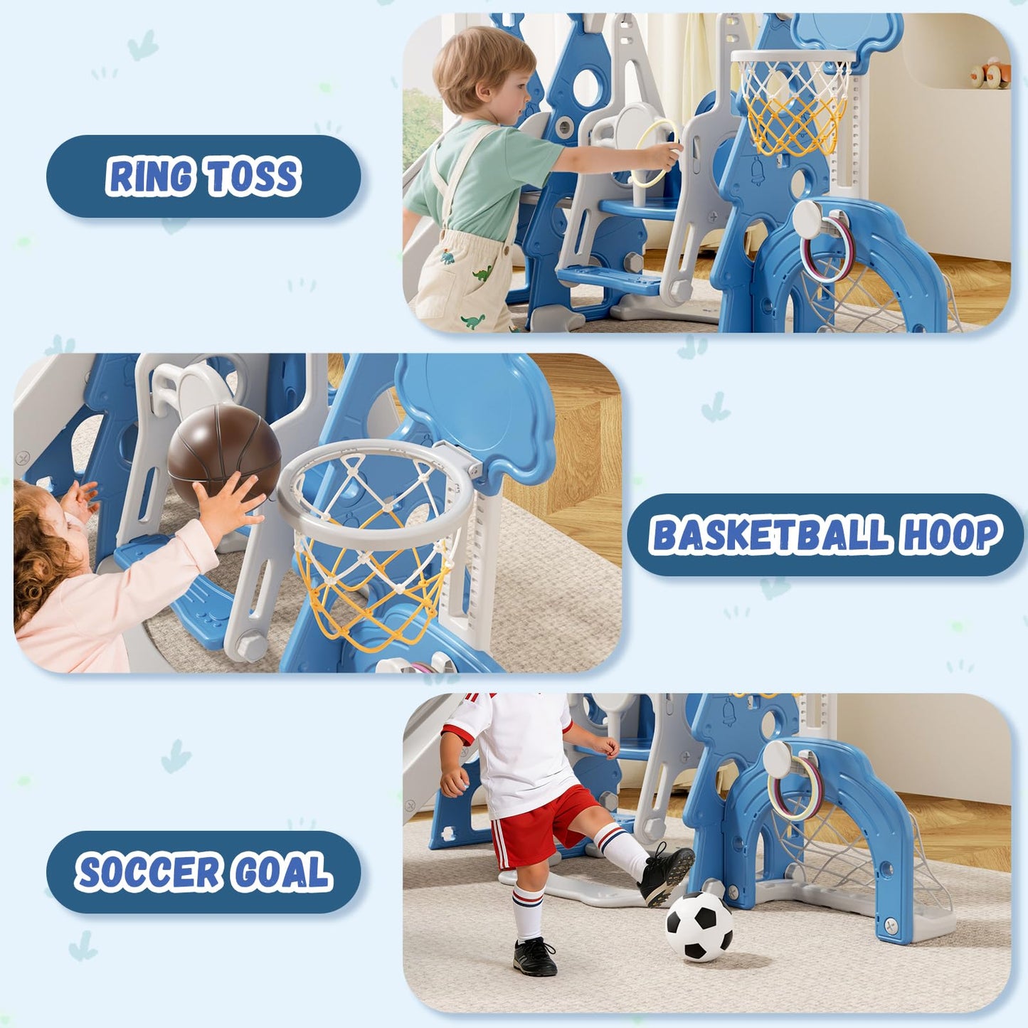XJD 6-in-1 Toddler Slide and Swing Set, Kids Slide for Toddlers Age 1+, Toddler Outdoor Playset with Basketball Hoop, Football Frame, Swing, Christmas Birthday Gifts for Kids (Light Blue)
