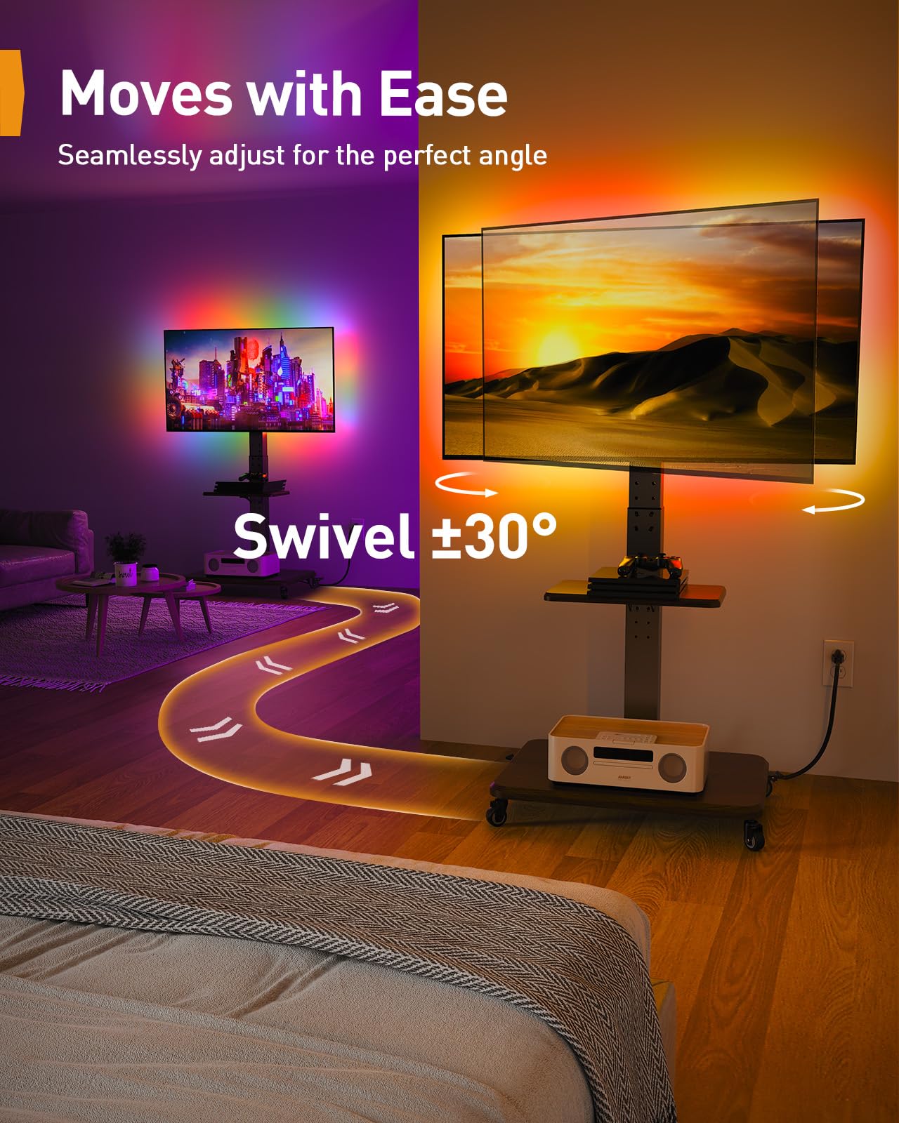 Perlegear Rolling TV Stand with LED Lights for 32”-77” TVs up to 110 lbs, Mobile TV Stand with Swivel, Tilt, and 18 Height Levels, TV Cart with Wheels and Solid Wood Base, Max VESA 600x400mm, PGTVC32B