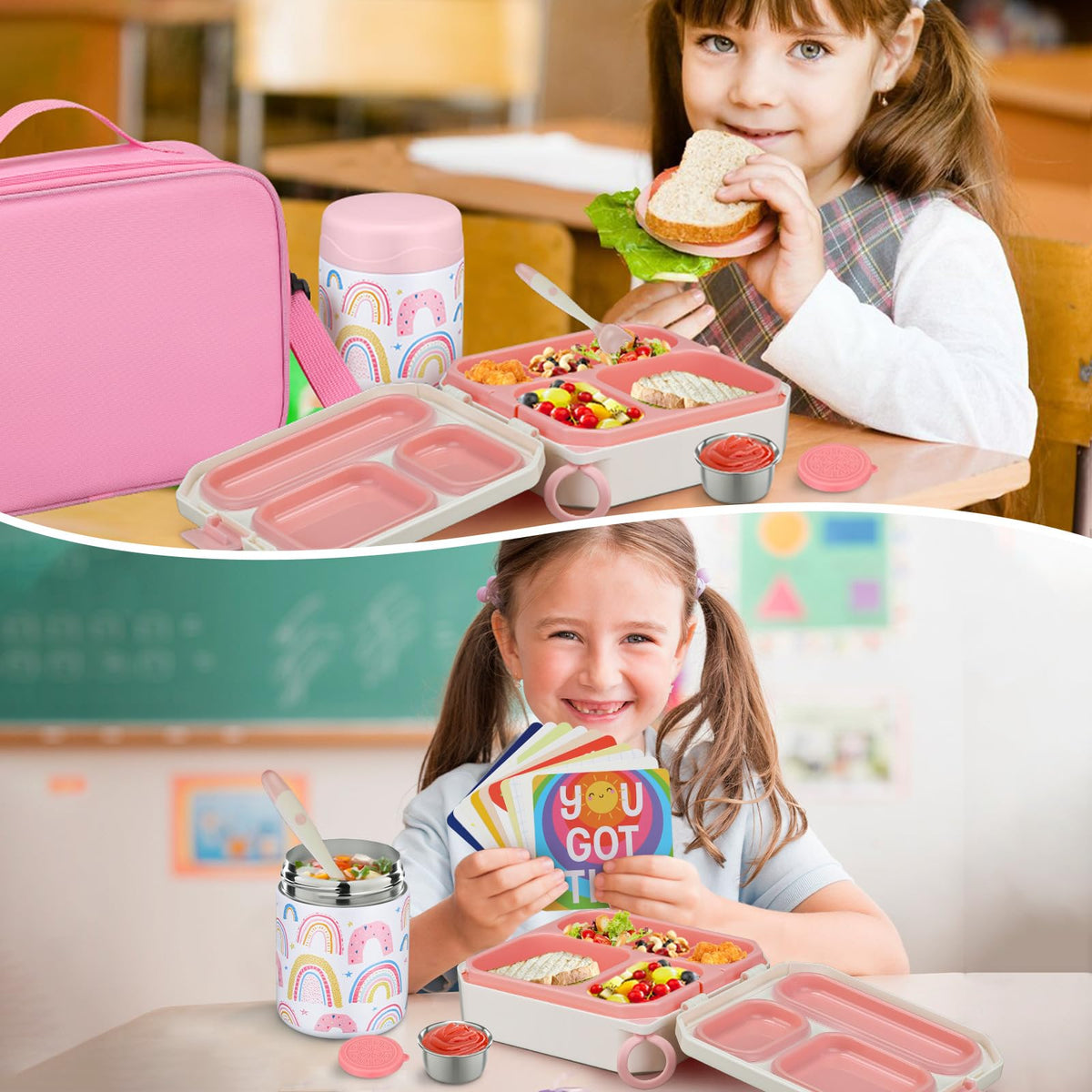 wiwens Bento Lunch Box for Kids with 12oz Soup Thermo Leak-Proof Lunch Food Container with 5 Compartment Thermo Hot Food Jar and Insulated Lunch Bag for Kid Toddler Girls Boys to School